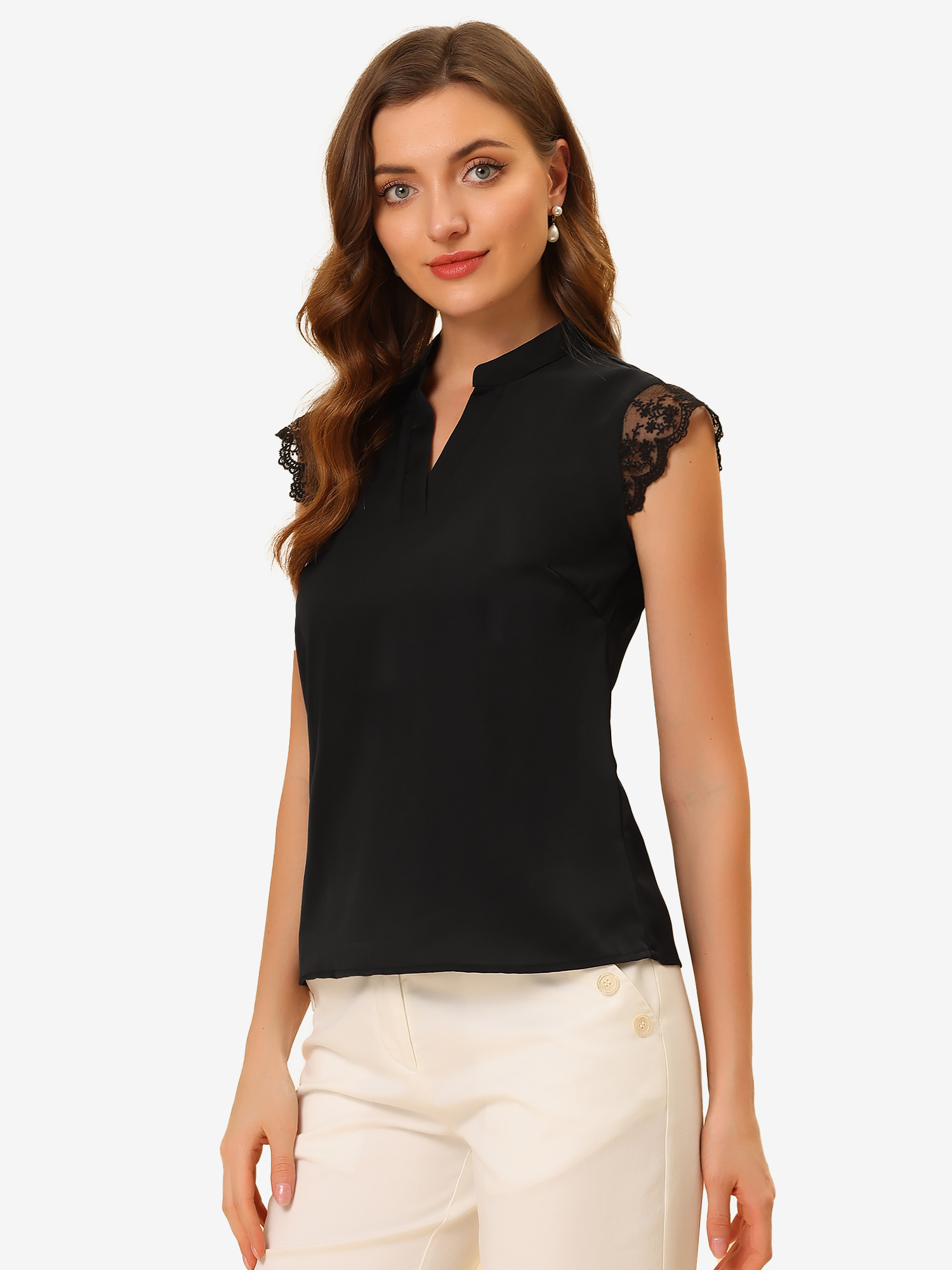 Work Top Office Lace Cap Sleeve Basic Shirt Blouse Black/S