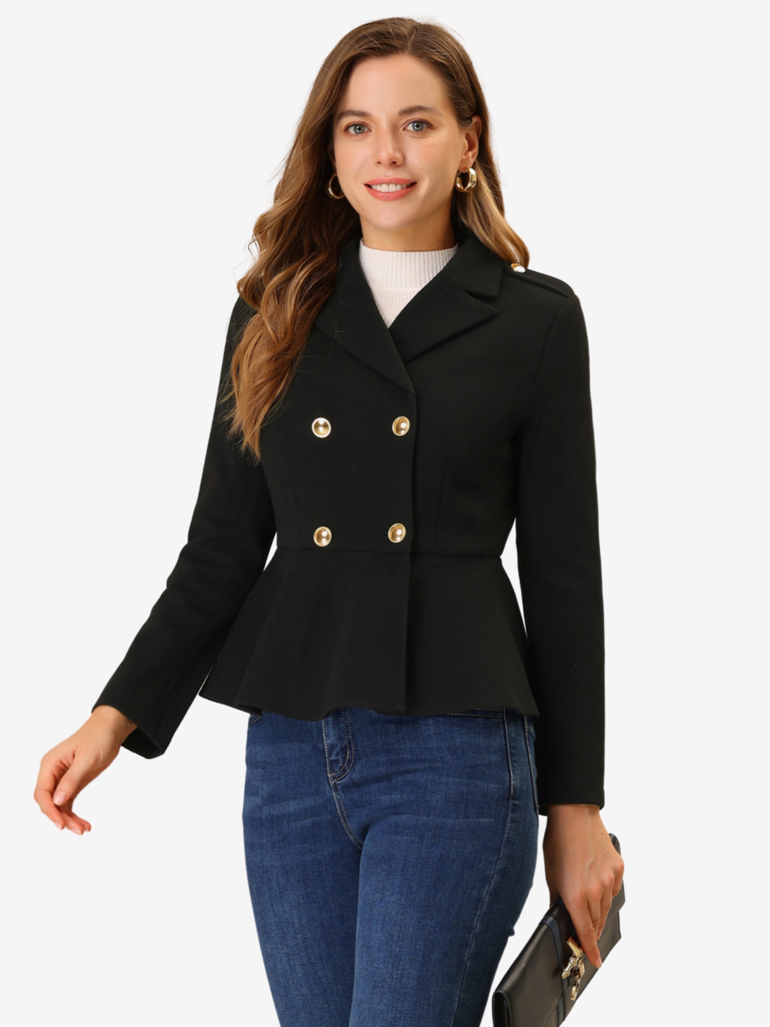 Double Breasted Pea Coat Notched Lapel Blazer Peplum Jacket Black/M