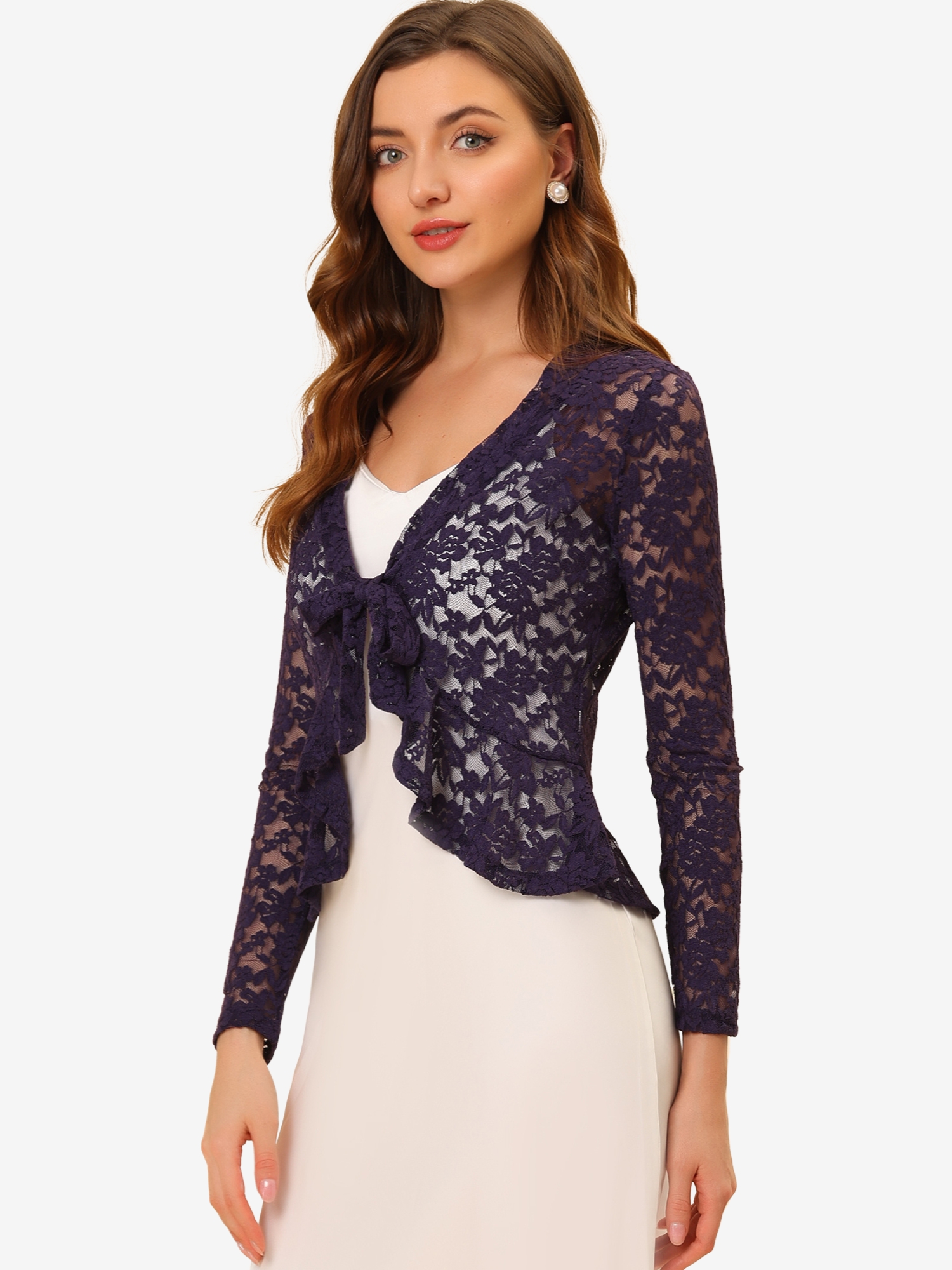 Floral Lace Tie Front Ruffled Hem Sheer Crop Bolero Shrug Purple/S