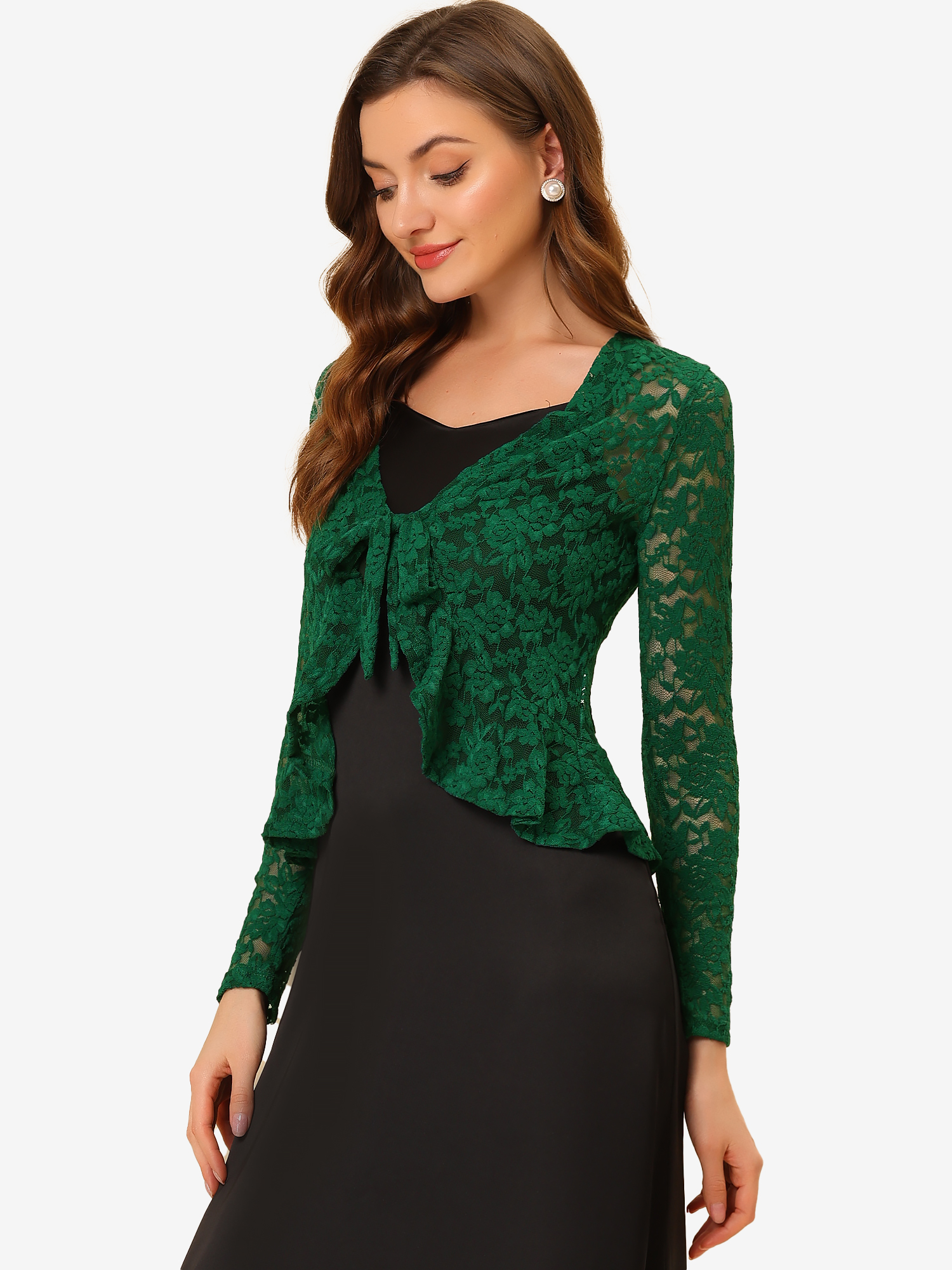 Floral Lace Tie Front Ruffled Hem Sheer Crop Bolero Shrug Dark Green/XL