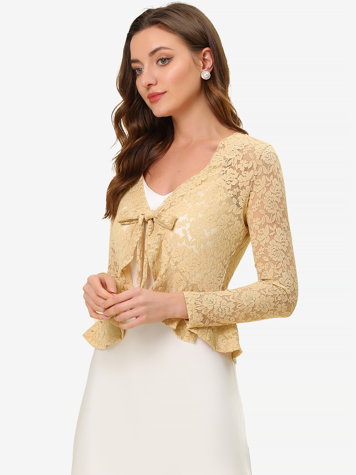 Floral Lace Tie Front Ruffled Hem Sheer Crop Bolero Shrug Beige/XS