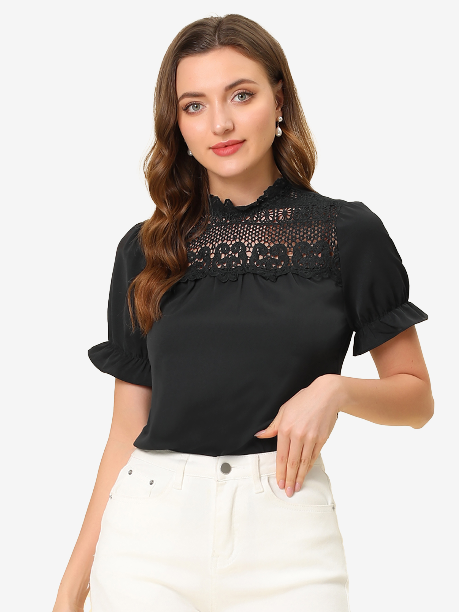 Elegant Lace Crochet Puff Sleeve Bohemian Ruffled Collar Blouse Top Black/M