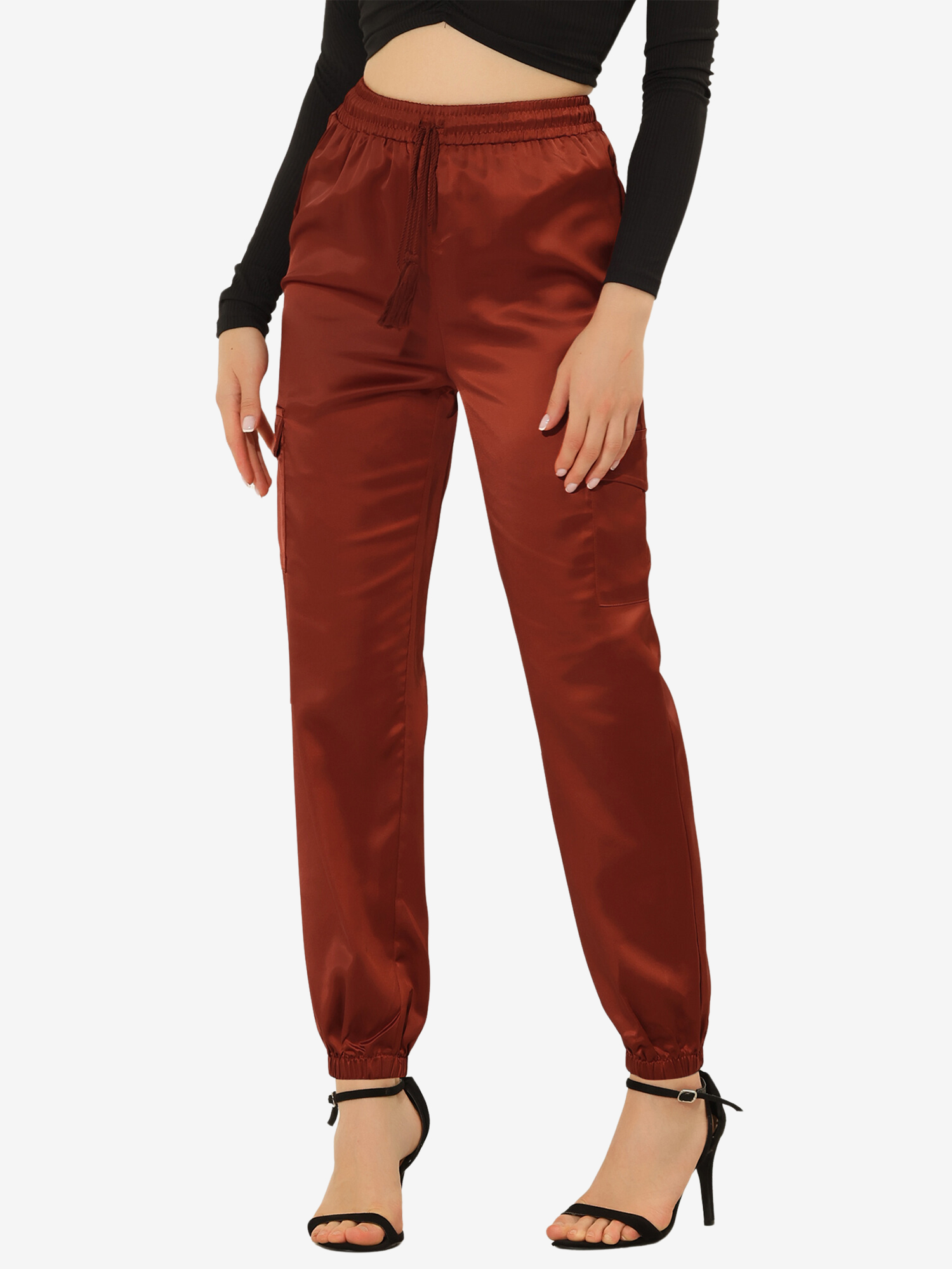 Women's Satin Joggers Drawstring Elastic High Waist Silky Satin Cargo Pants Brown/L