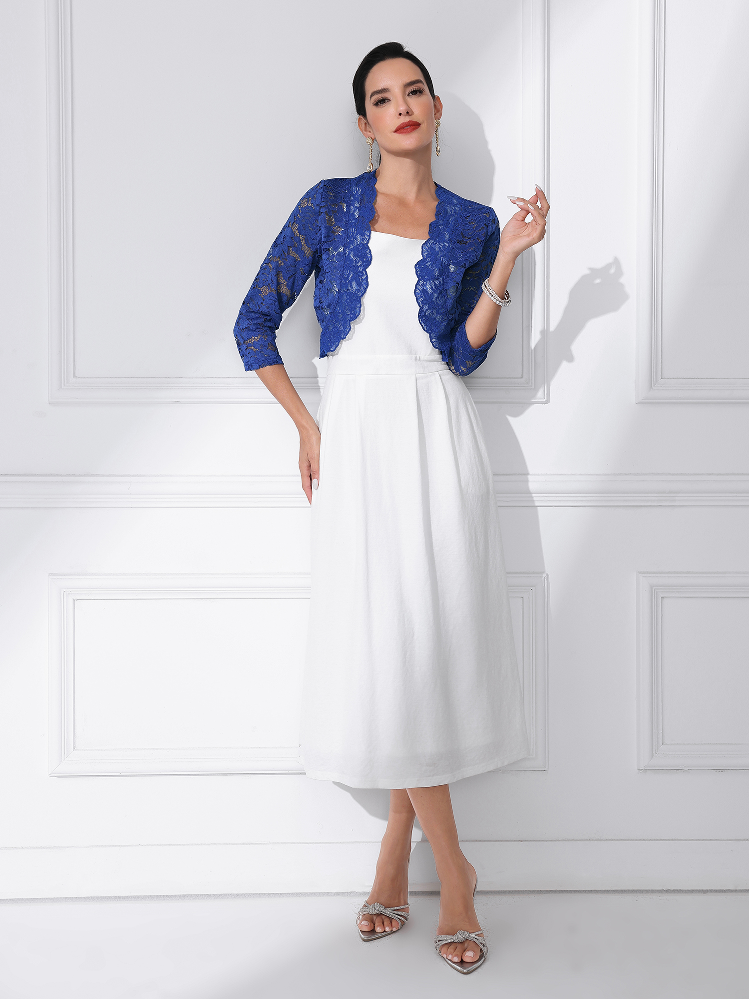 Sheer Floral Elegant 3/4 Sleeve Lace Shrug Cobalt Blue/XL