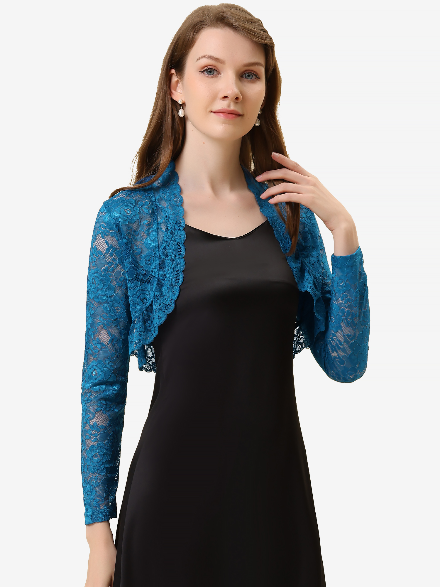Elegant Sheer Floral Lace Cropped Bolero Shrugs Blue/S