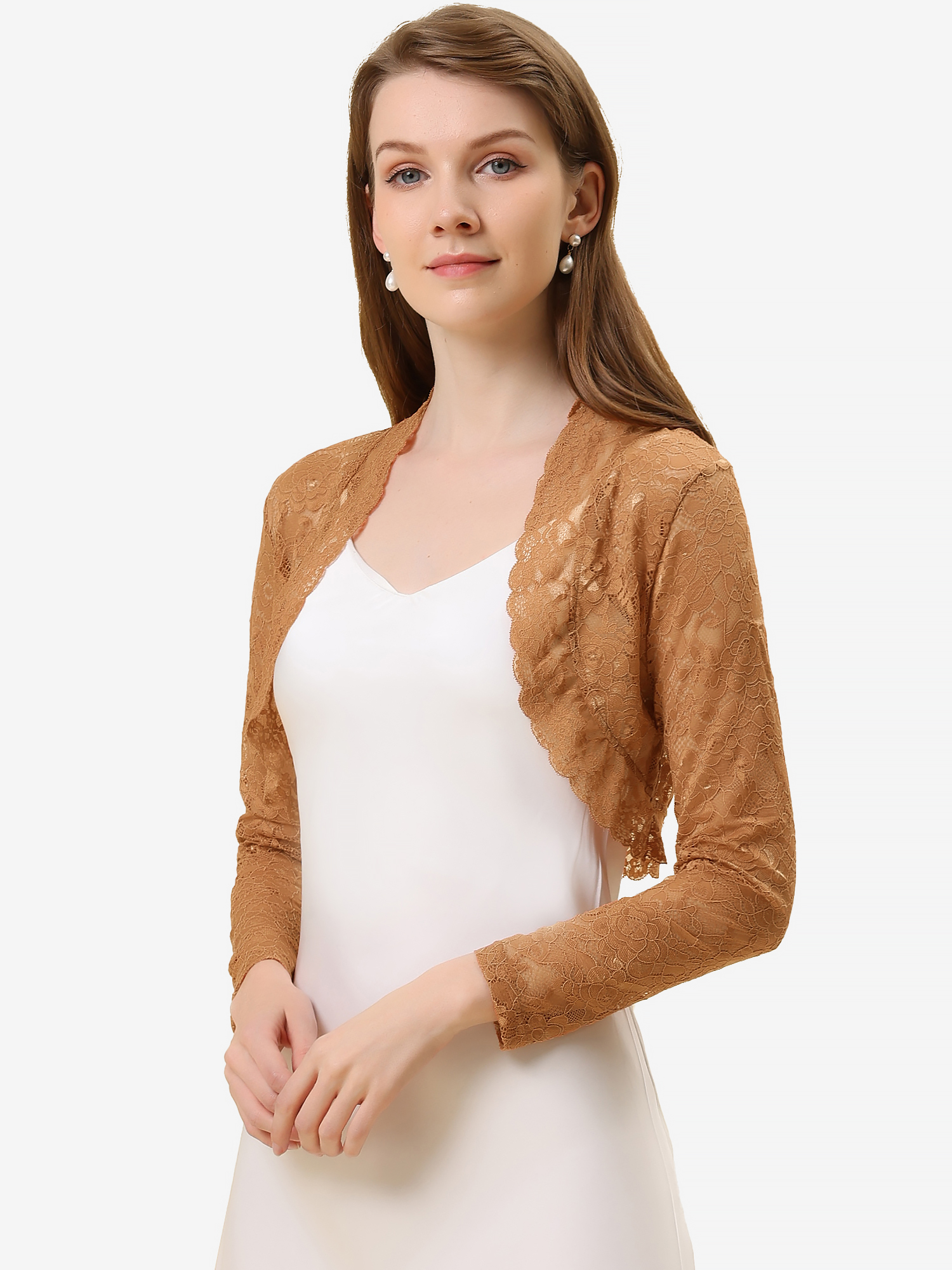 Elegant Sheer Floral Lace Crop Cardigan Bolero Shrug Dark Khaki/XS