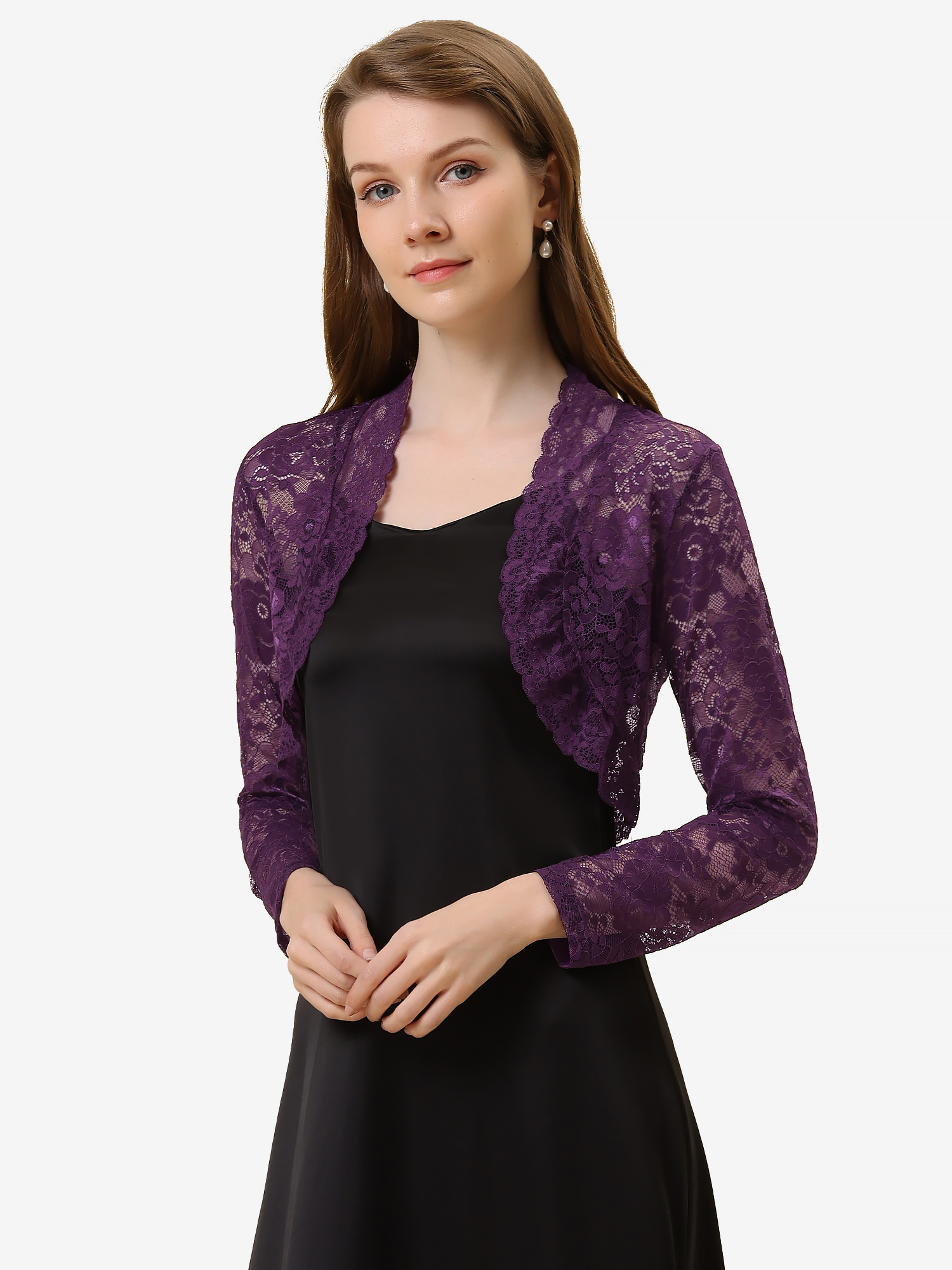 Elegant Sheer Floral Lace Cropped Bolero Shrugs Purple/M