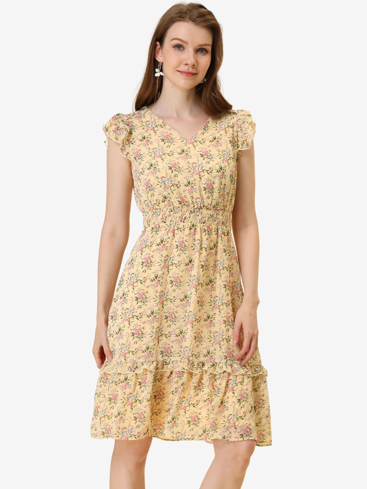 Floral Flutter Sleeve V Neck Smocked Ruffle Dress Light Yellow/M