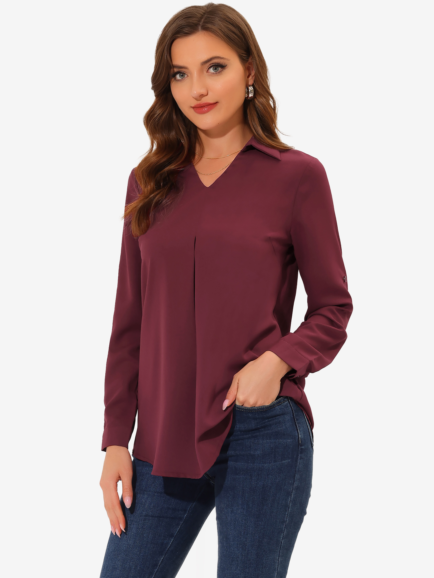3/4 Roll Sleeve V Neck Pleated Front Collared Solid Work Blouse Wine Red/L