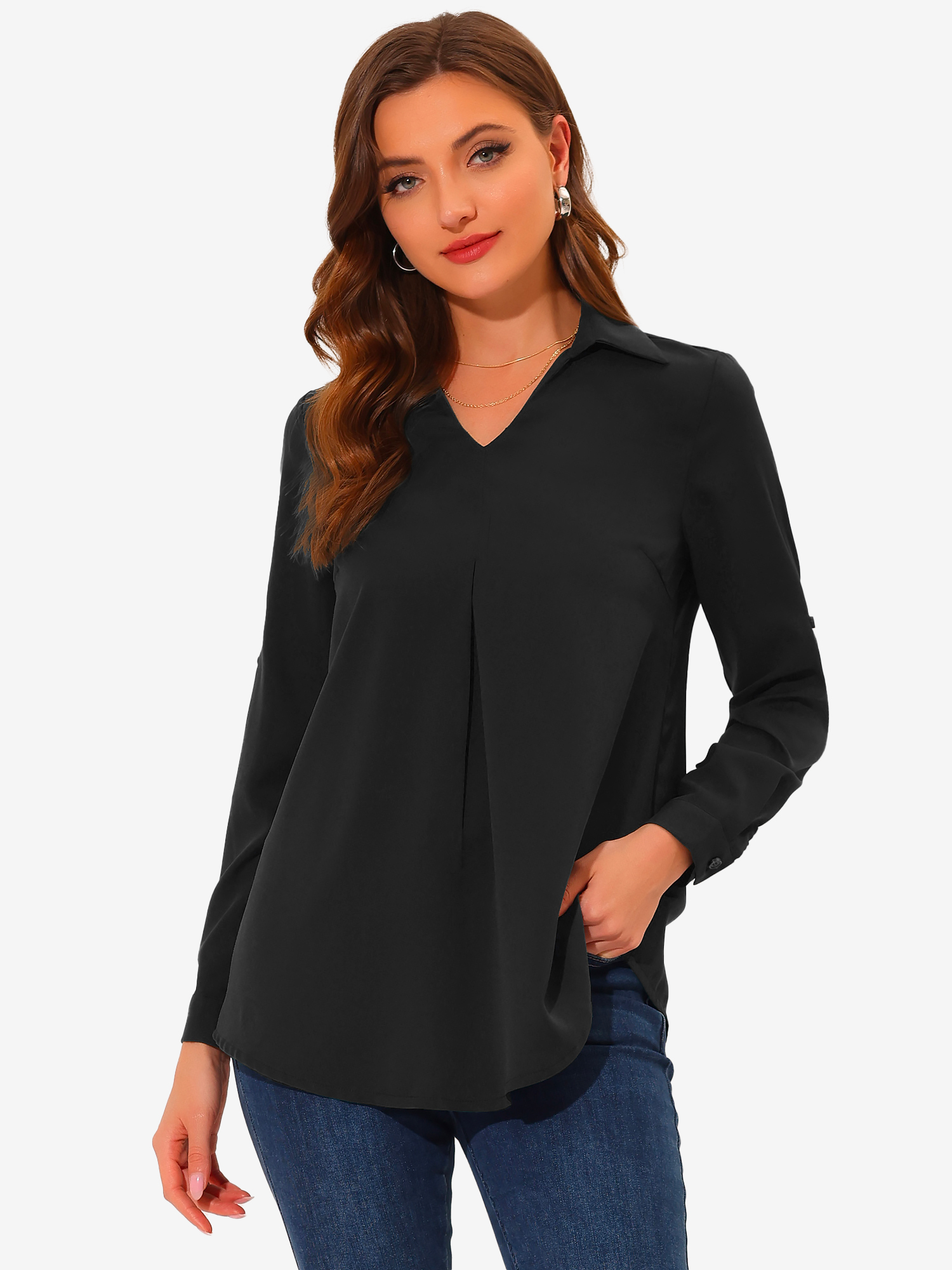 3/4 Roll Sleeve V Neck Pleated Front Collared Solid Work Blouse Black/XS