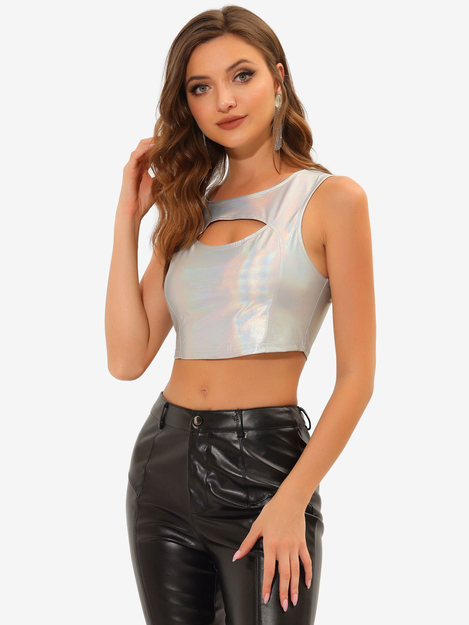 Metallic Shiny Sleeveless Cut Out Party Holographic Tank Crop Top Silver/L