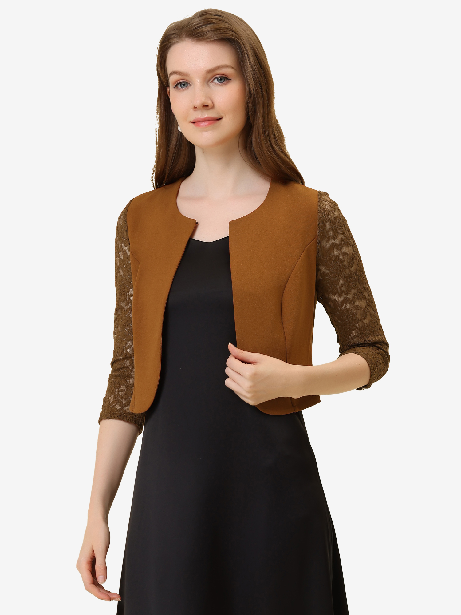 3/4 Sleeve Floral Lace Open Front Office Bolero Shrug Brown/M