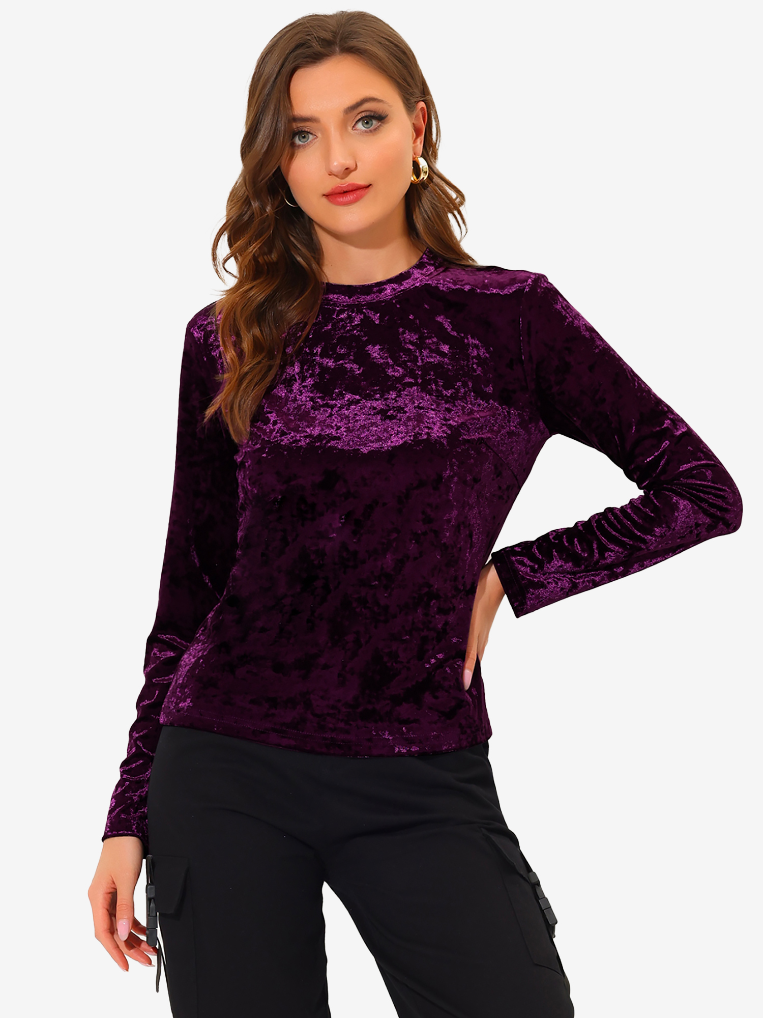 Casual Velvet Top Soft Vintage Crew Neck Long Sleeve T-Shirt Purple/XS