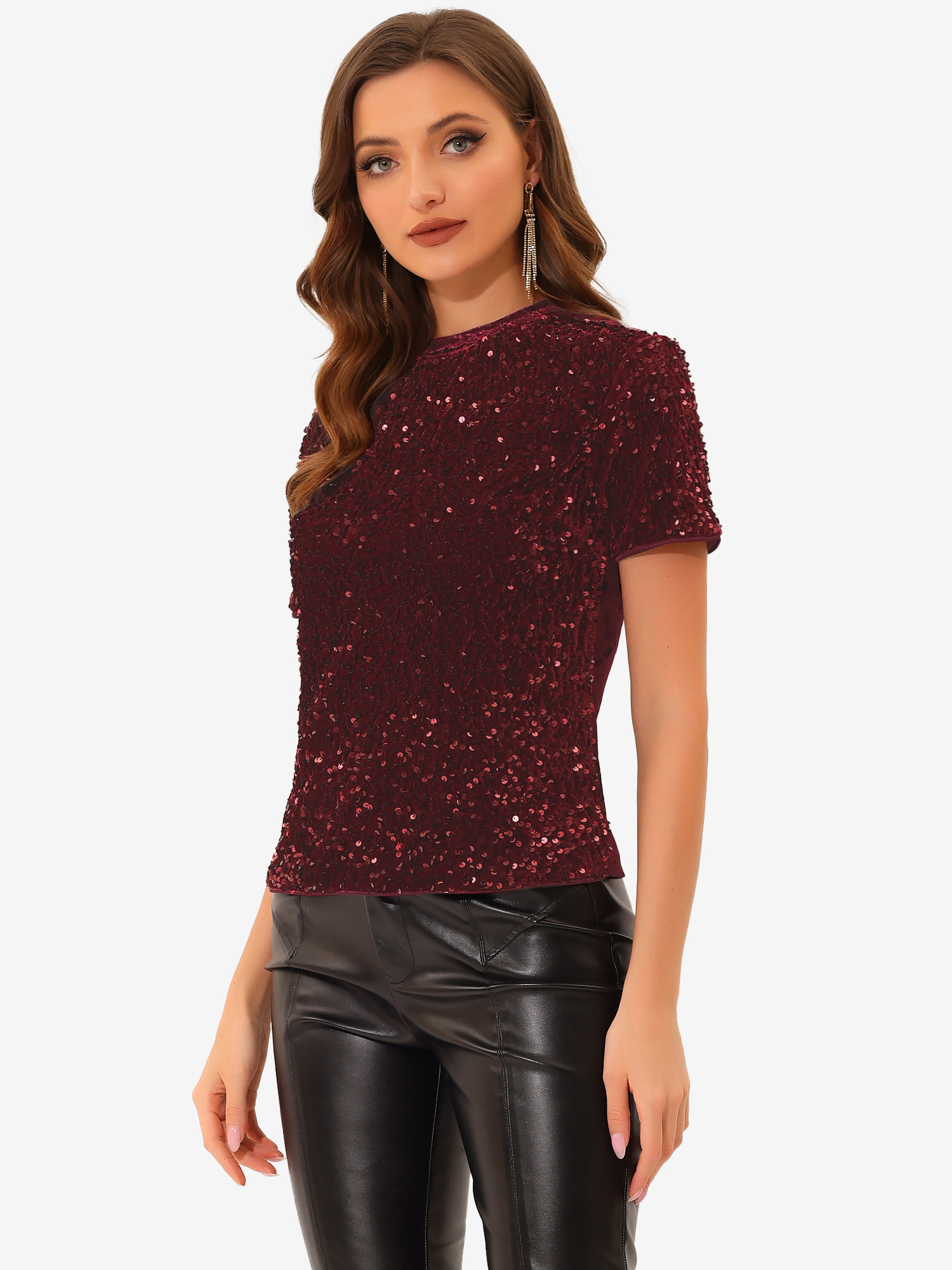 Glitter Sequin Velvet Crew Neck Short Sleeve Party Clubwear Blouse Burgundy/XS