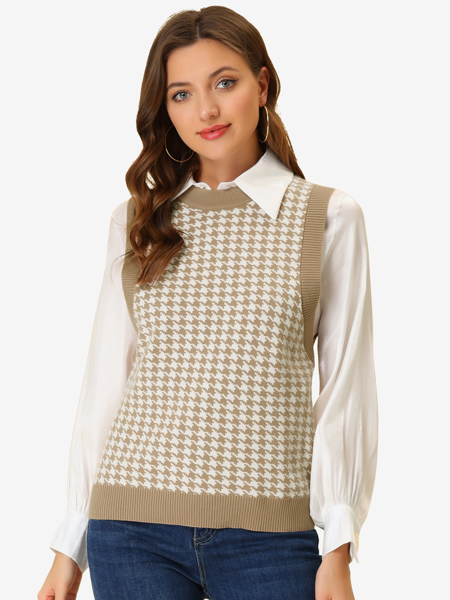 Round Neck Vest Sleeveless Houndstooth Plaid Knitted Sweater Khaki/M