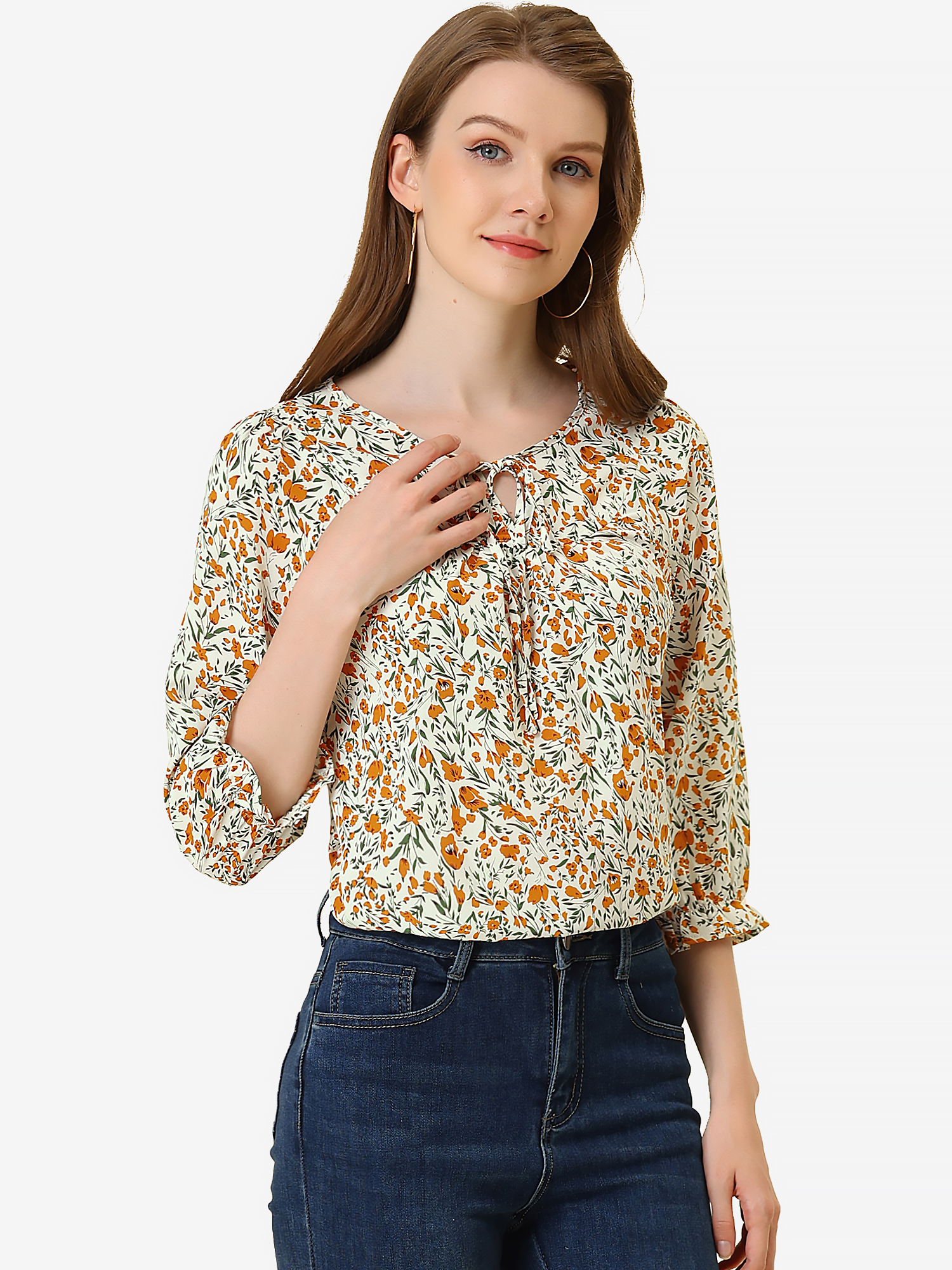 Floral Tops Bow Tie Neck Vintage 3/4 Sleeve Blouse Orange/M