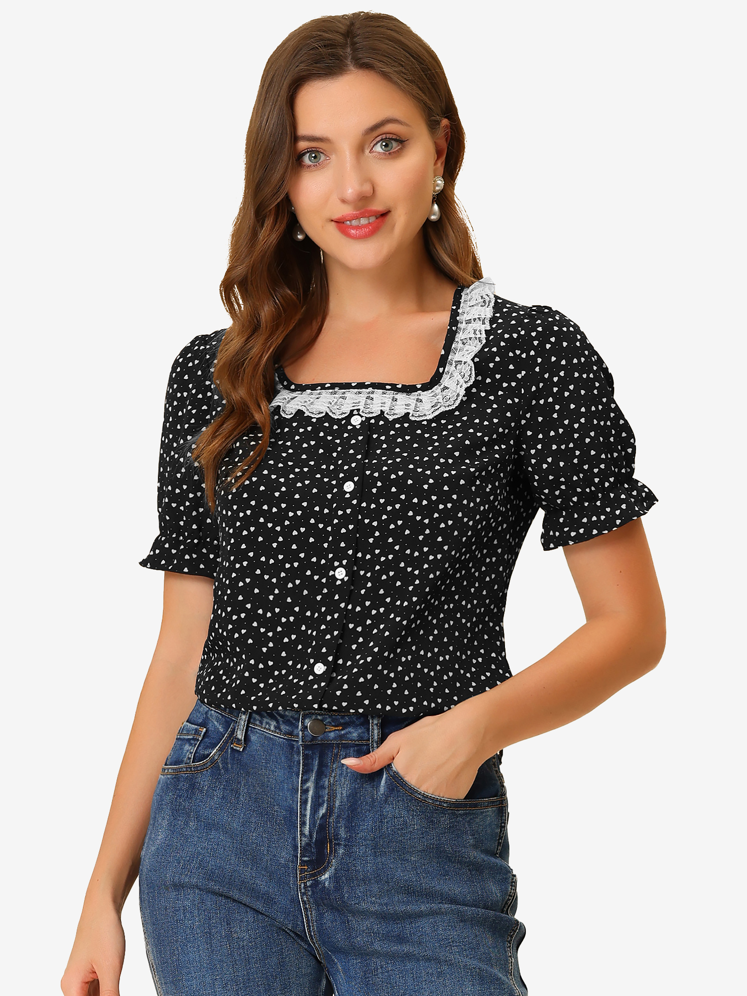 Square Neck Ruffle Short Sleeve Love Heart Printed Blouse Black/M