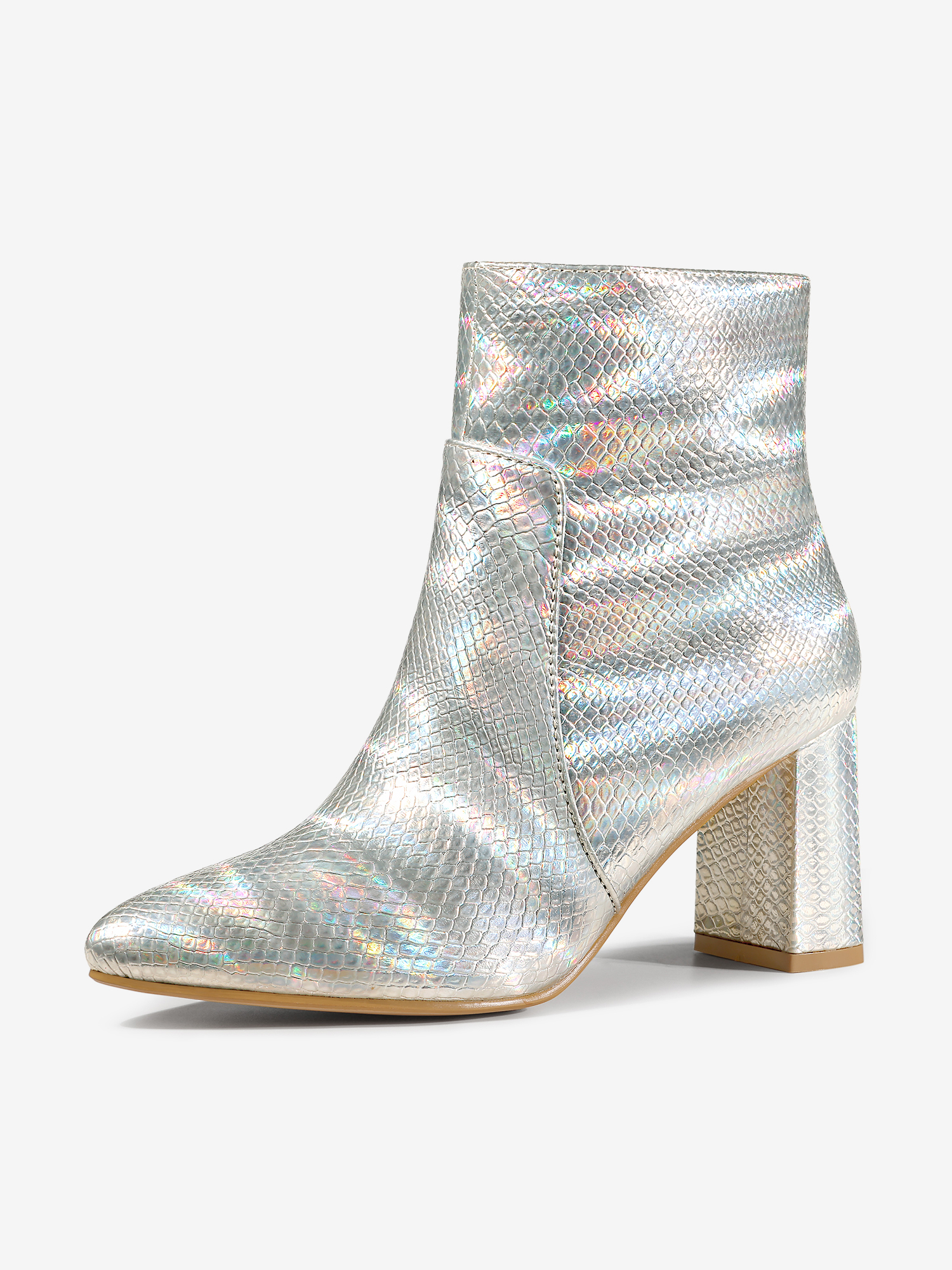 Snake Skin Halloween Costumes Chunky High Heel Ankle Boots Silver/9