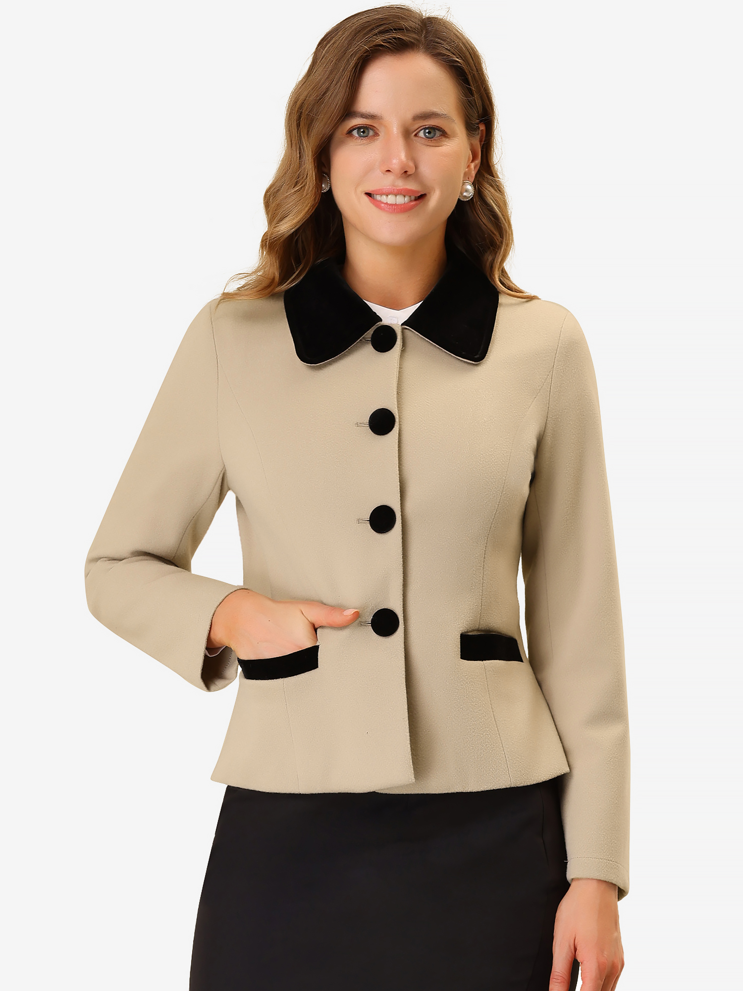 Collar Single Breasted Button Down Cropped Pea Coat Camel/M
