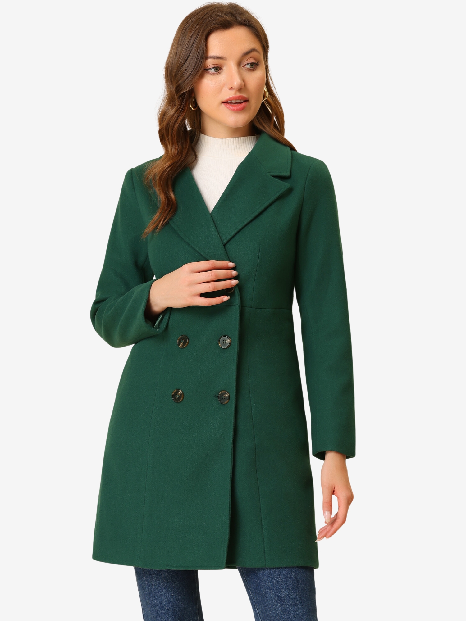 Notched Lapel Double Breasted Outwear Winter Long Coat Green/S