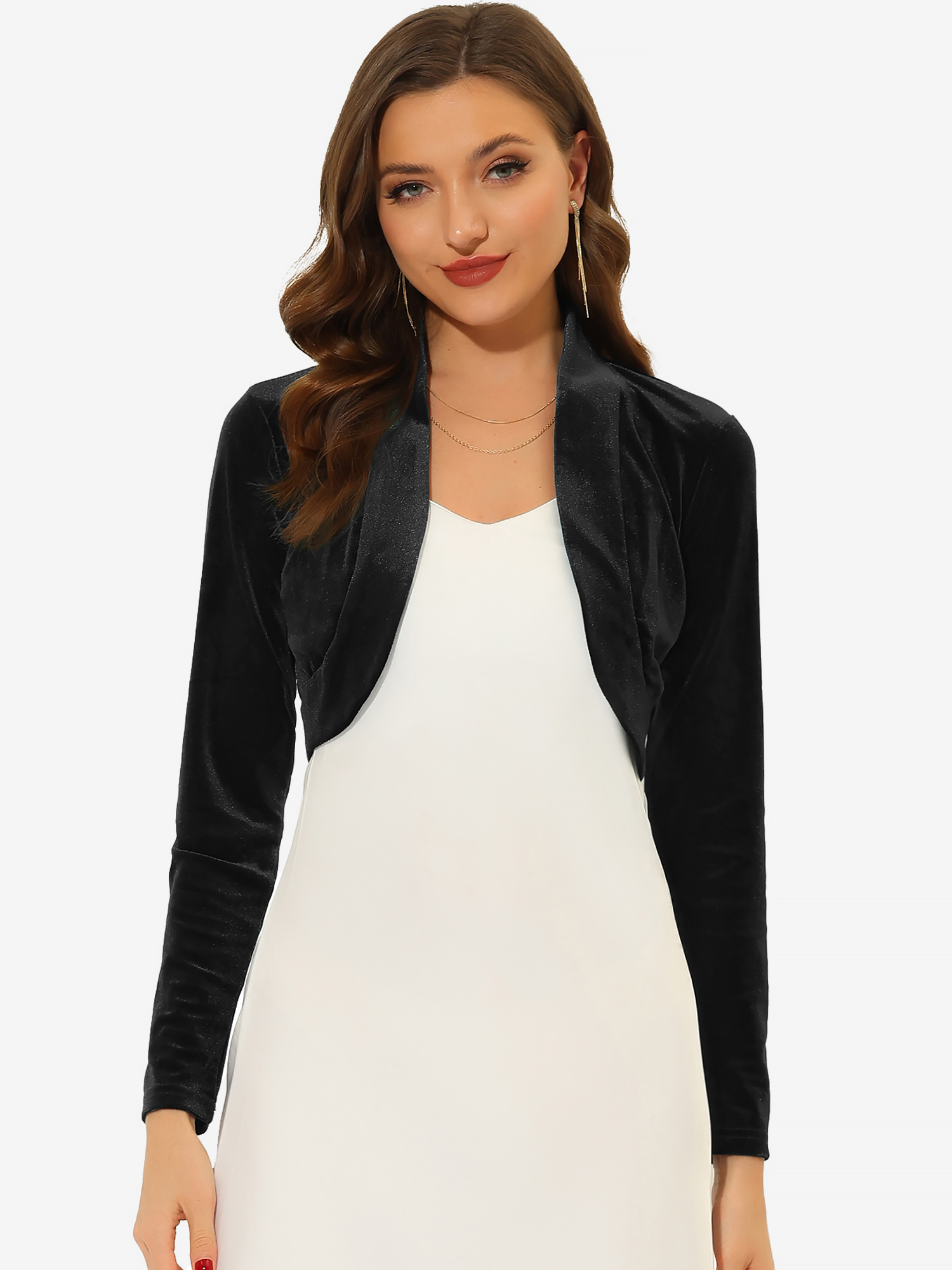 Velvet Open Front Long Sleeve Cropped Bolero Shrug Black/M