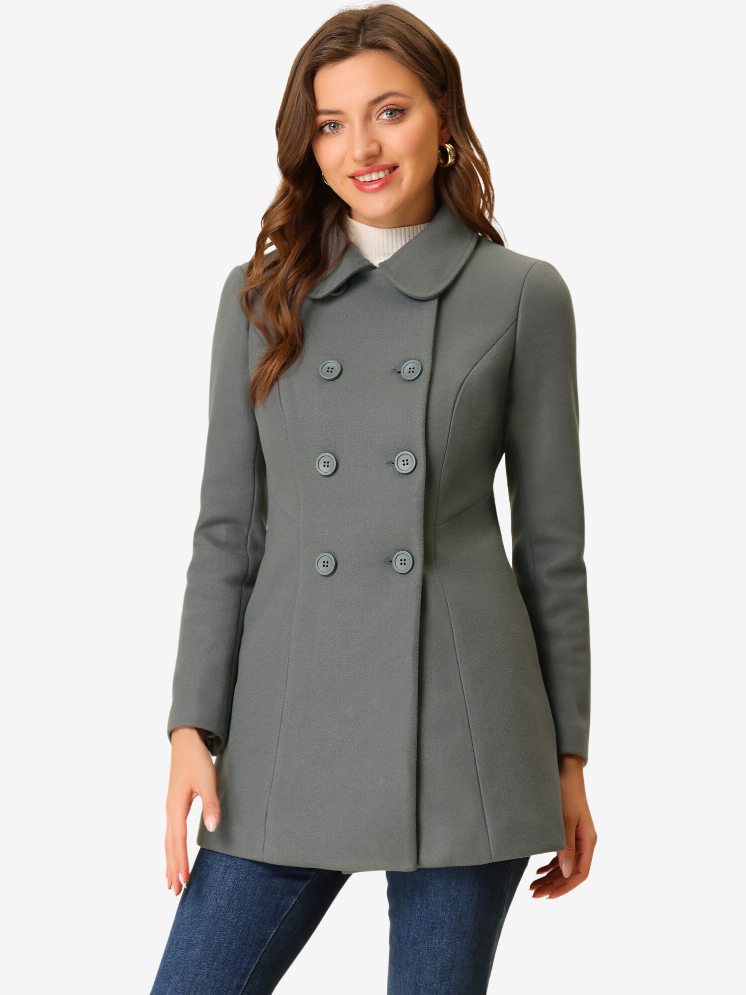 Peter Pan Collar Double Breasted Winter Long Trench Pea Coat Dark Grey/L