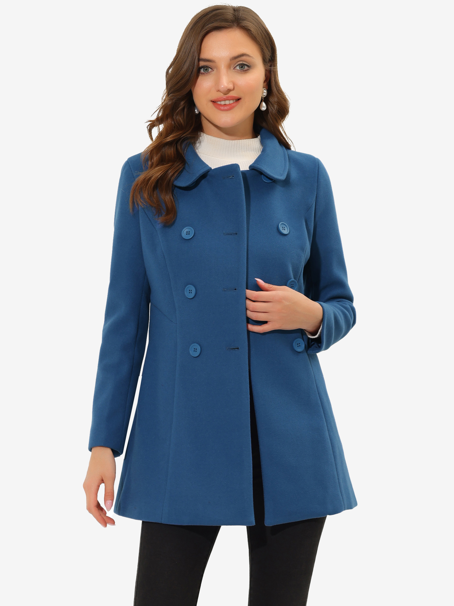 Double Breasted Peter Pan Collar Long Trench Pea Coat Dark Grey Blue/M