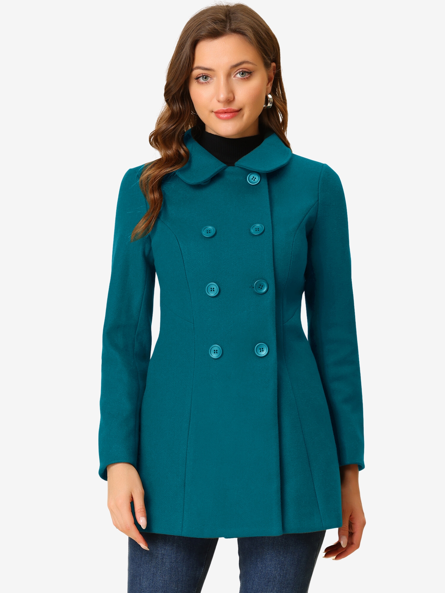 Peter Pan Collar Double Breasted Winter Long Trench Pea Coat Lake Blue/L