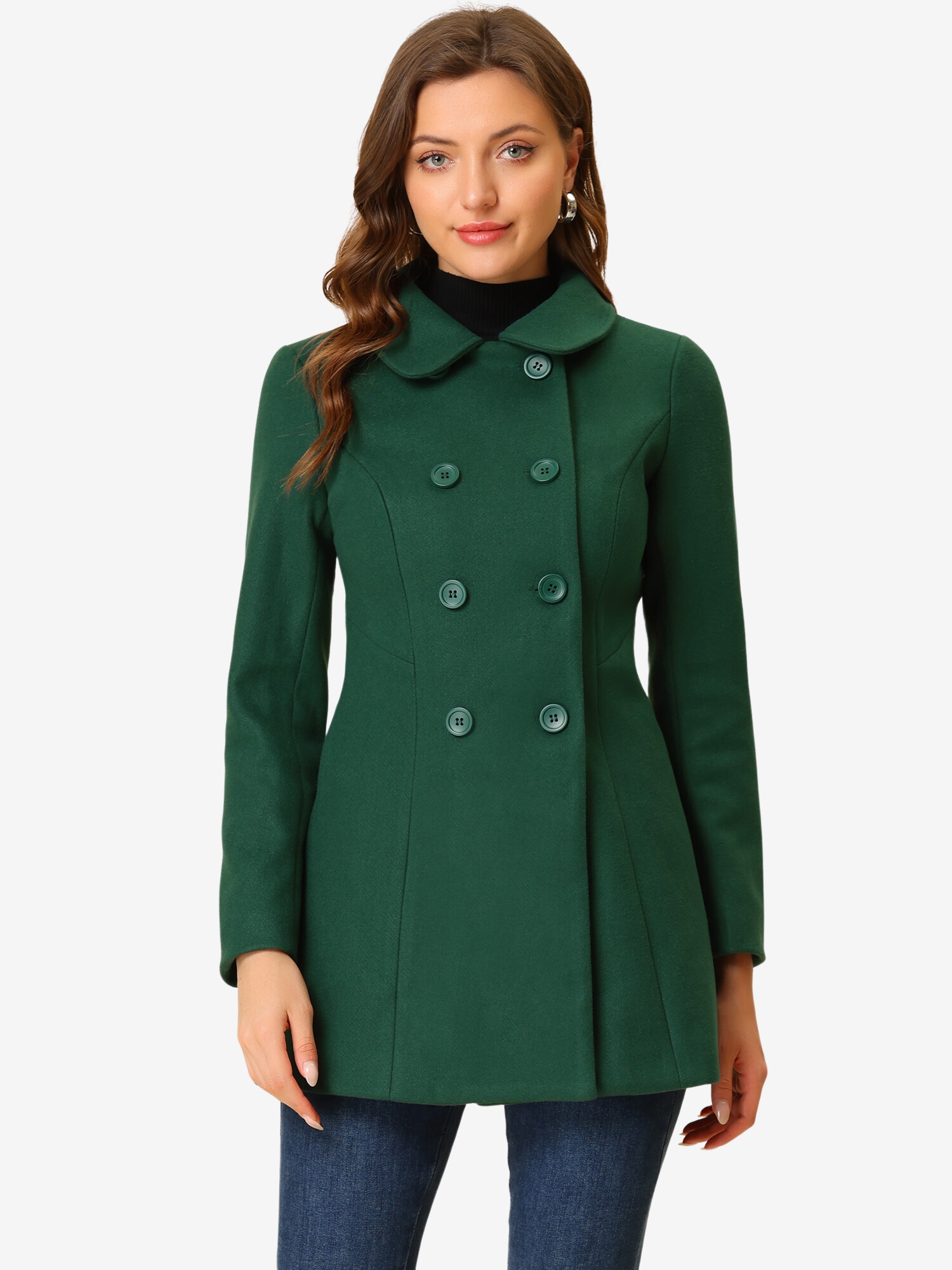 Allegra – Peter Pan Collar Double Breasted Long Trench Pea Coat Dark Green/S