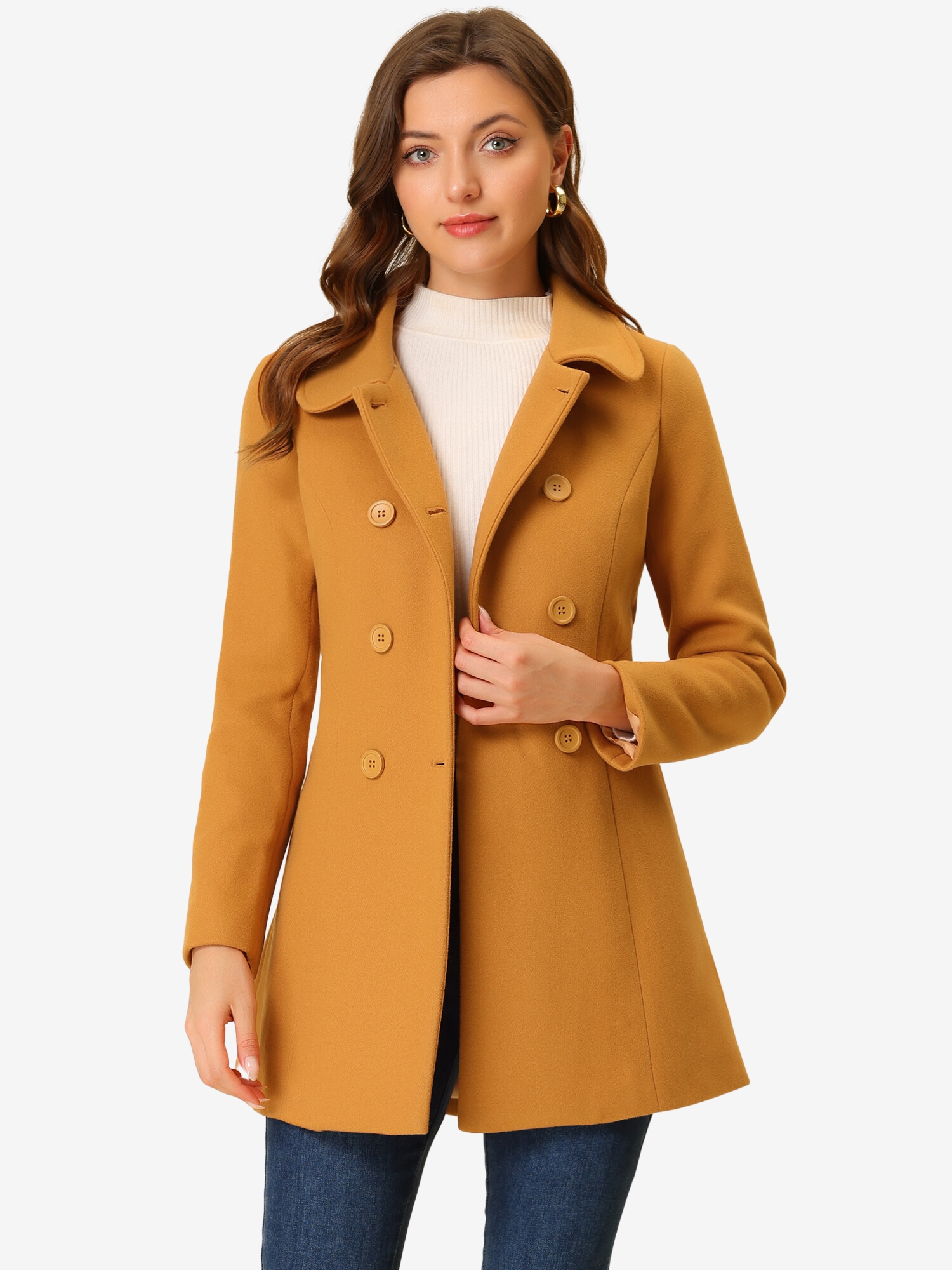Peter Pan Collar Double Breasted Winter Long Trench Pea Coat Dark Khaki/S