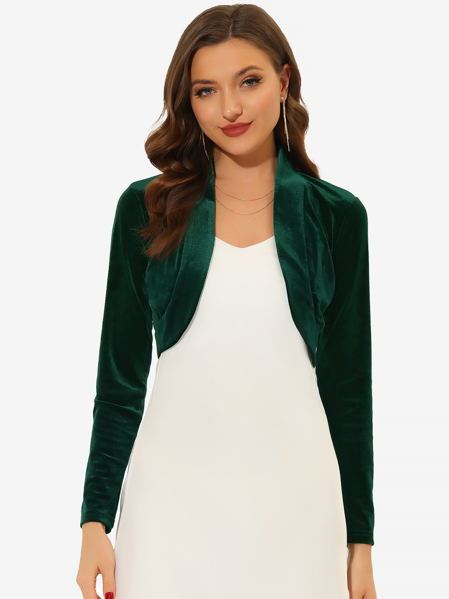 Velvet Open Front Long Sleeve Cropped Bolero Shrug Dark Green/L