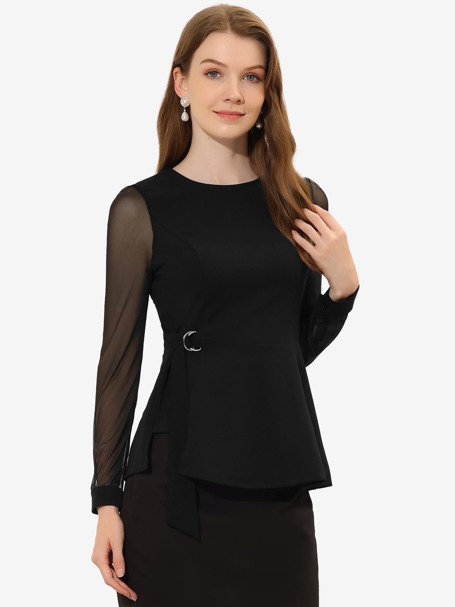 Peplum Blouse Mesh Sheer Long Sleeve Round Neck Belted Work Top Black/L