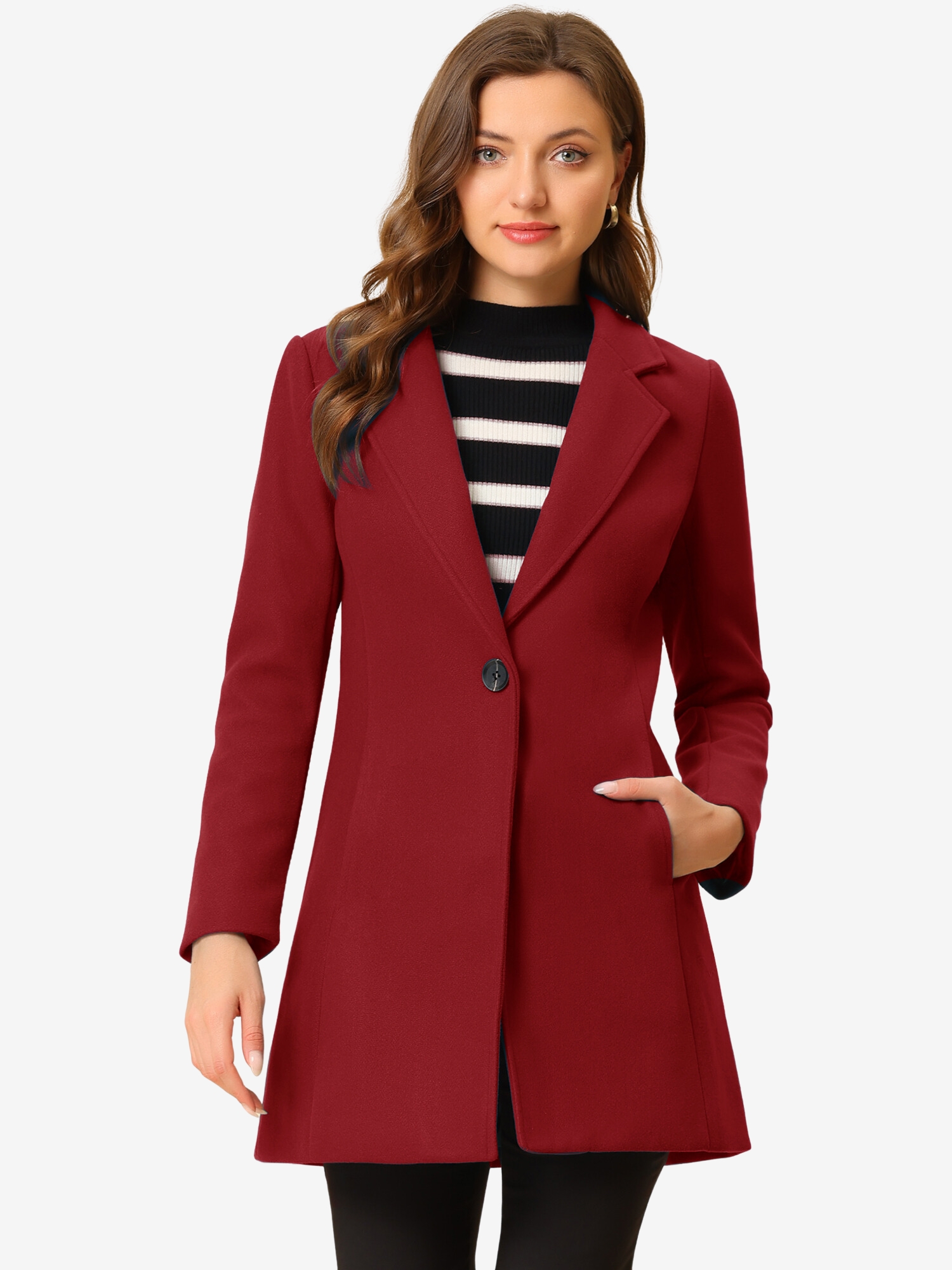 Classic Notched Lapel Long Sleeve Buttoned Coat Dark Red/S