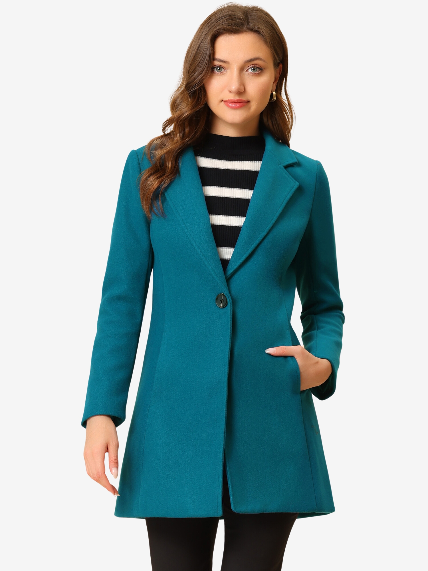 Classic Notched Lapel Long Sleeve Buttoned Coat Lake Blue/S