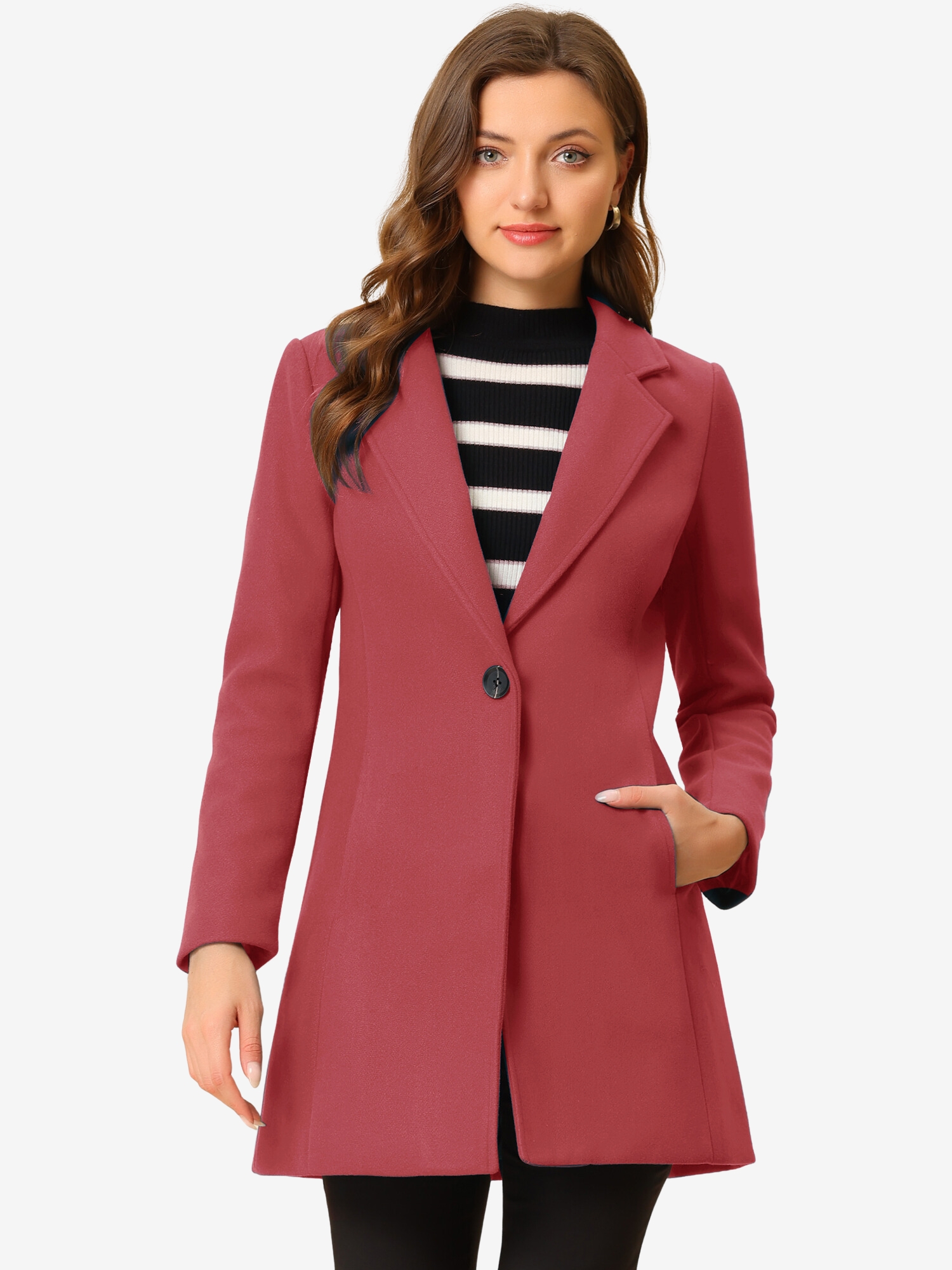 Classic Notched Lapel Long Sleeve Buttoned Coat Dark Pink/XS