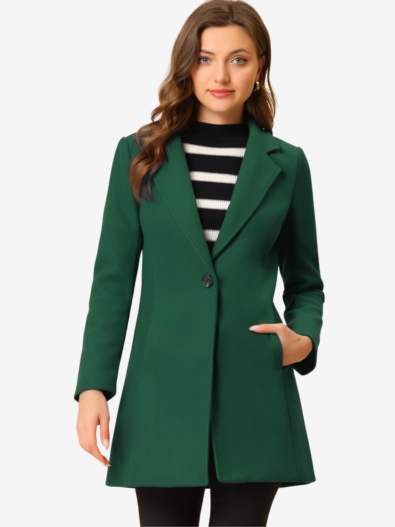 Classic Notched Lapel Long Sleeve Buttoned Coat Dark Green/L