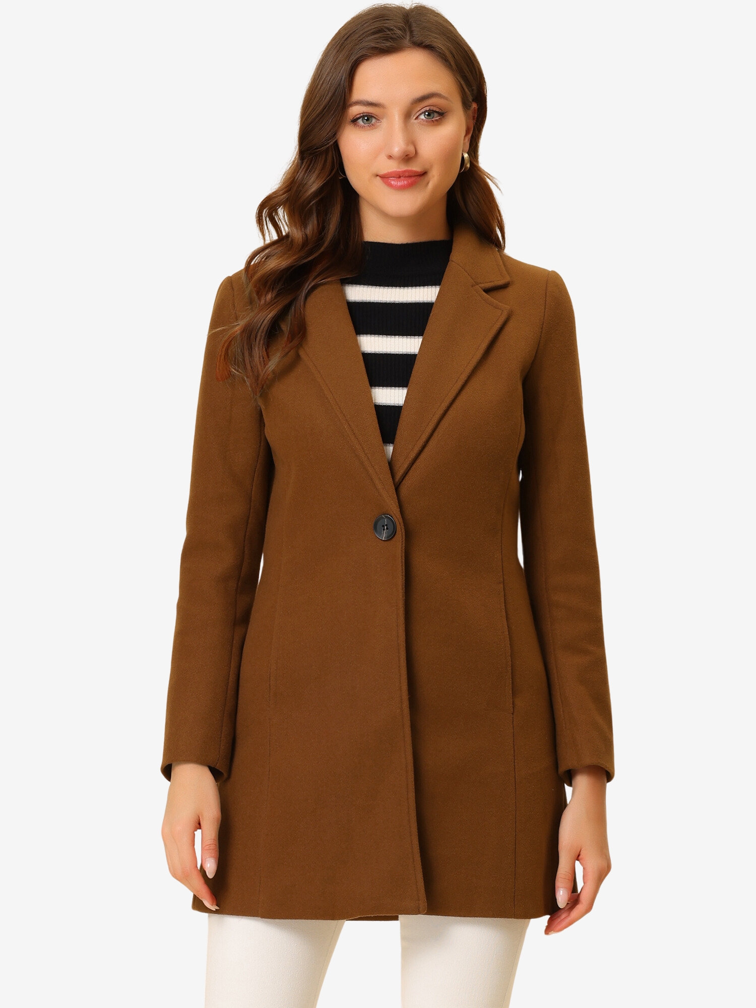 Classic Notched Lapel Long Sleeve Buttoned Coat Dark Brown/L