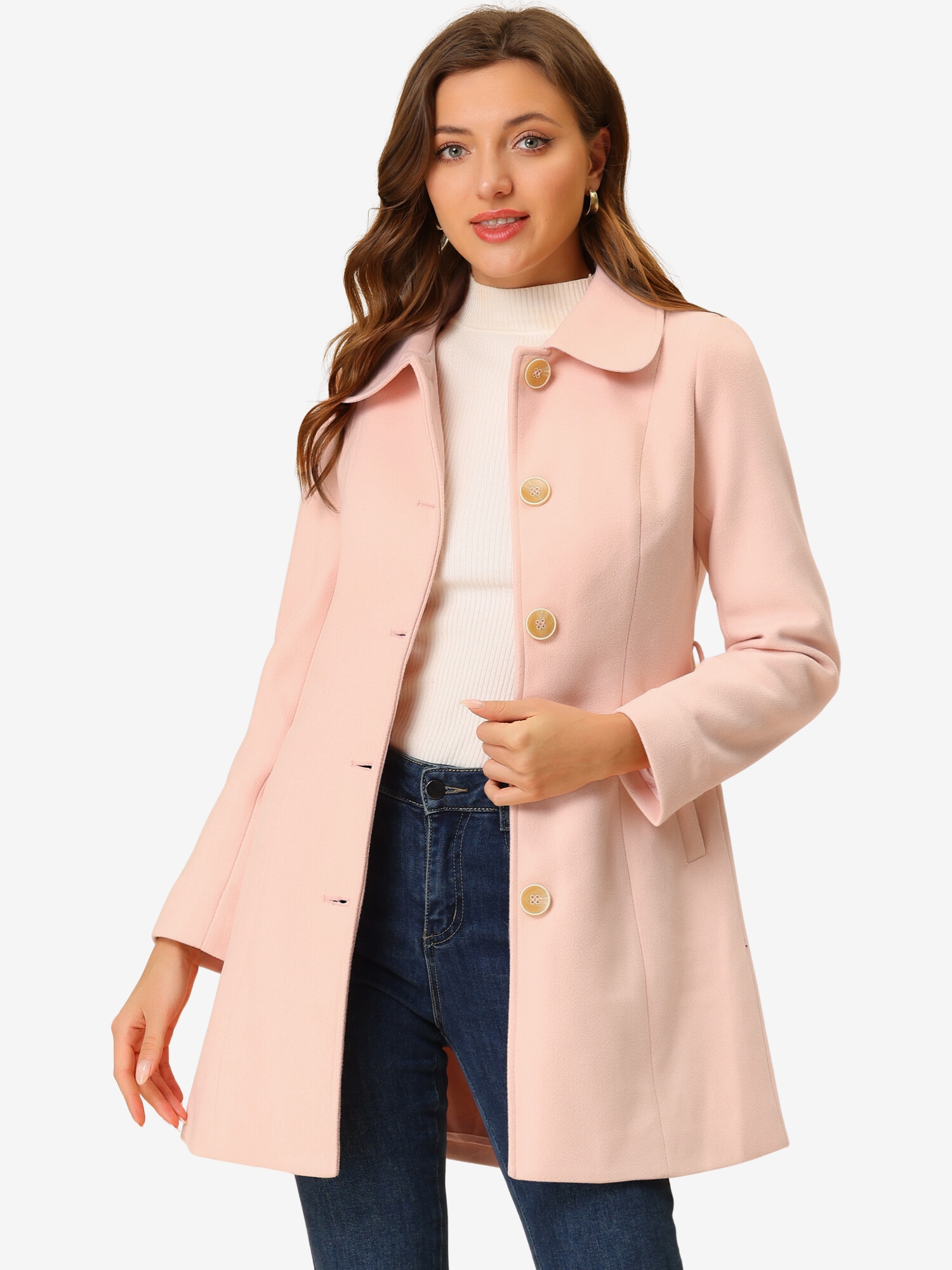 Winter Elegant Lapel Collar Long Trench Coat Pink/XL