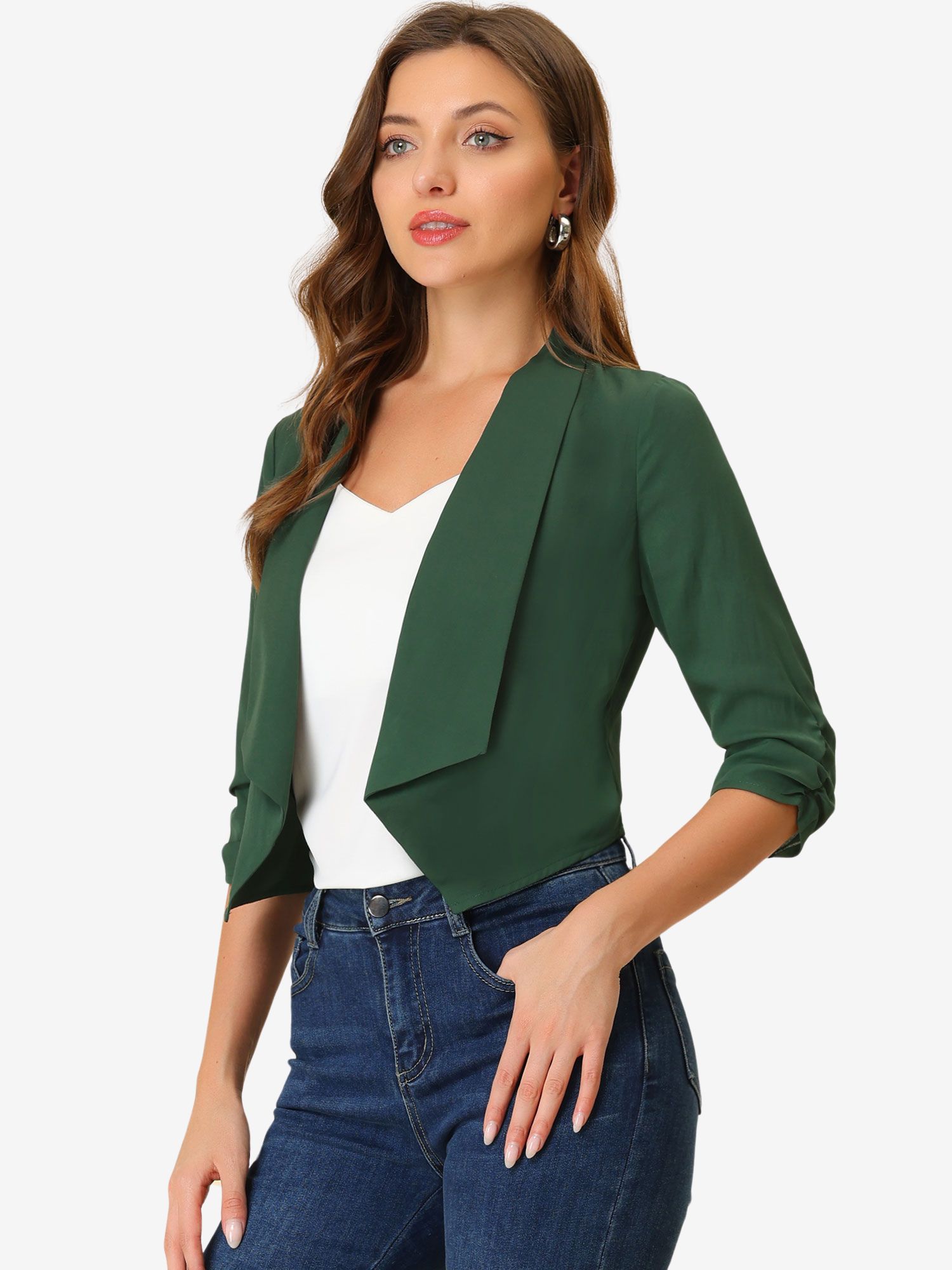 3/4 Ruched Sleeve Shawl Open Front Chiffon Bolero Shrug Blazer Green/M