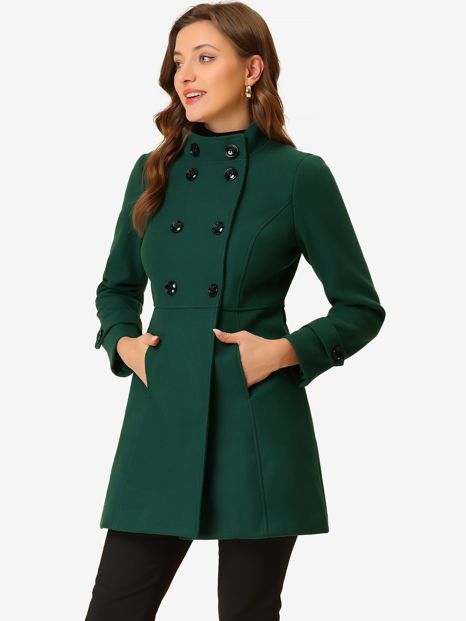Stand Collar Double Breasted Slant Pockets Winter Coat Green/XL