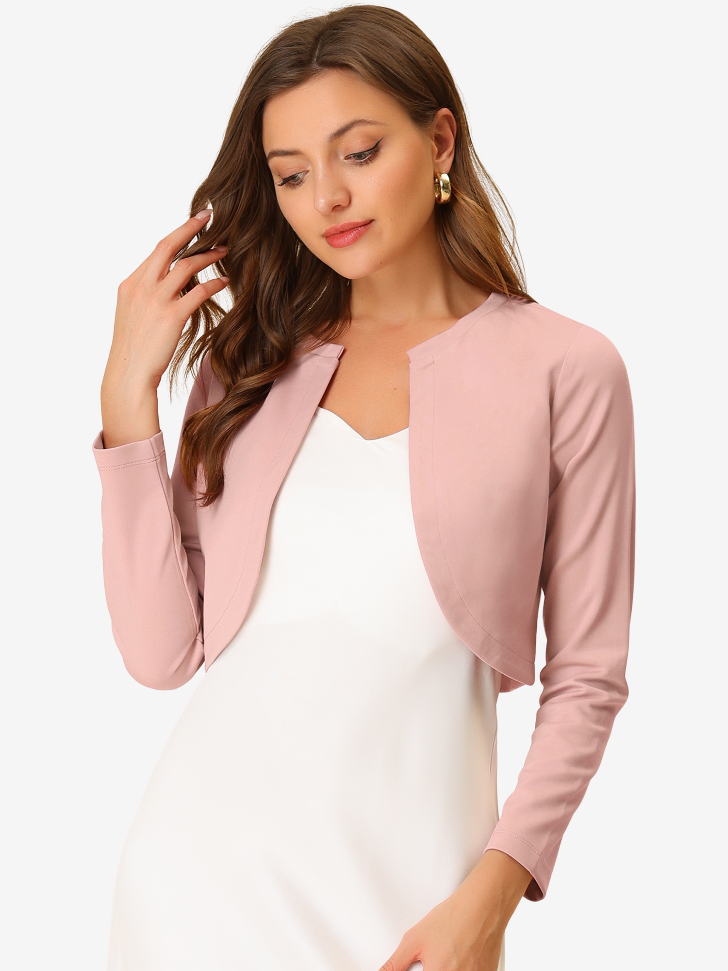 Curved Hem Long Sleeves Open Front Cropped Jacket Bolero Shrug Pink/S