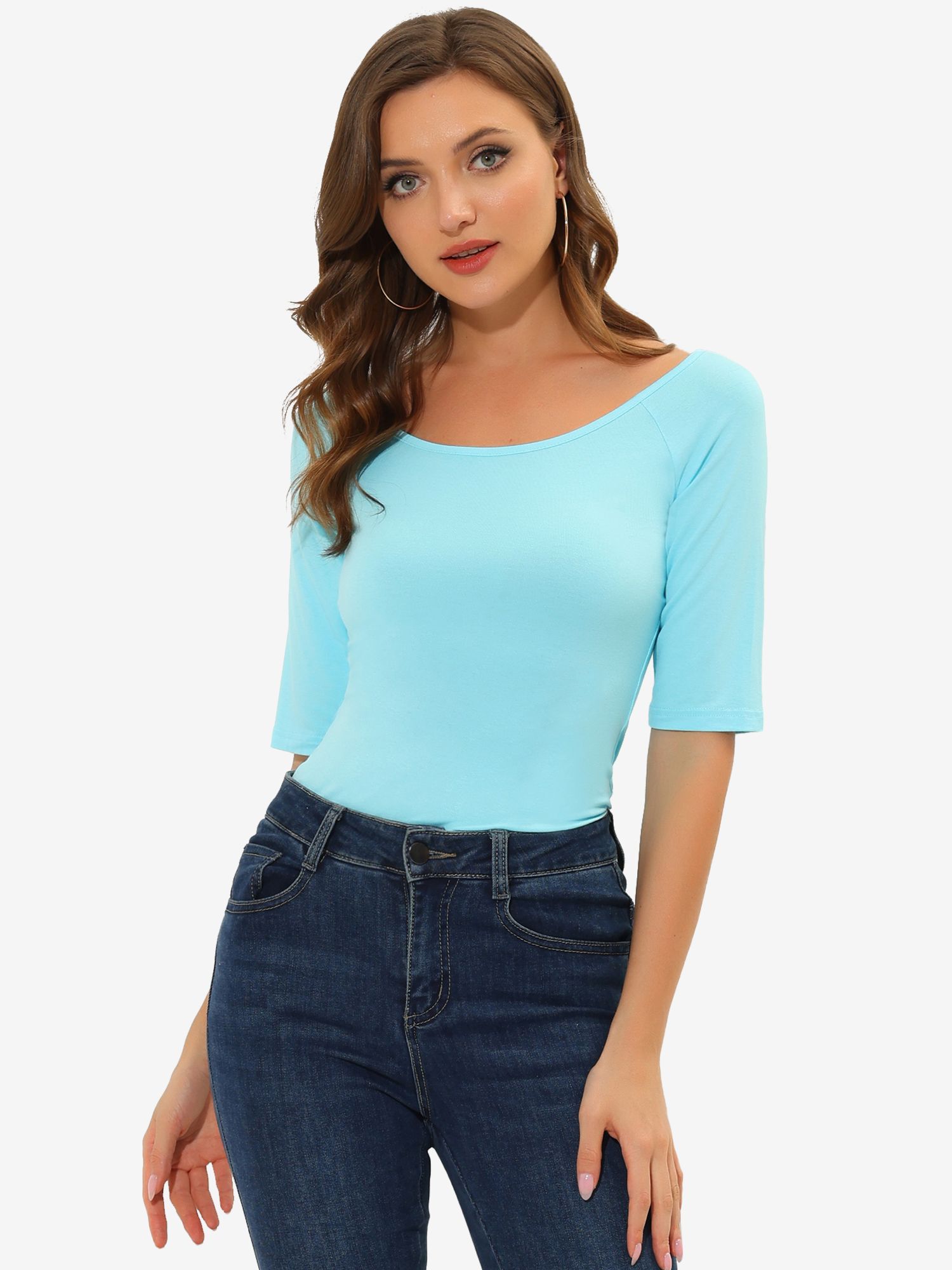 Scoop Neck Half Sleeves Fitted Layering Soft T-Shirt Sky Blue/L