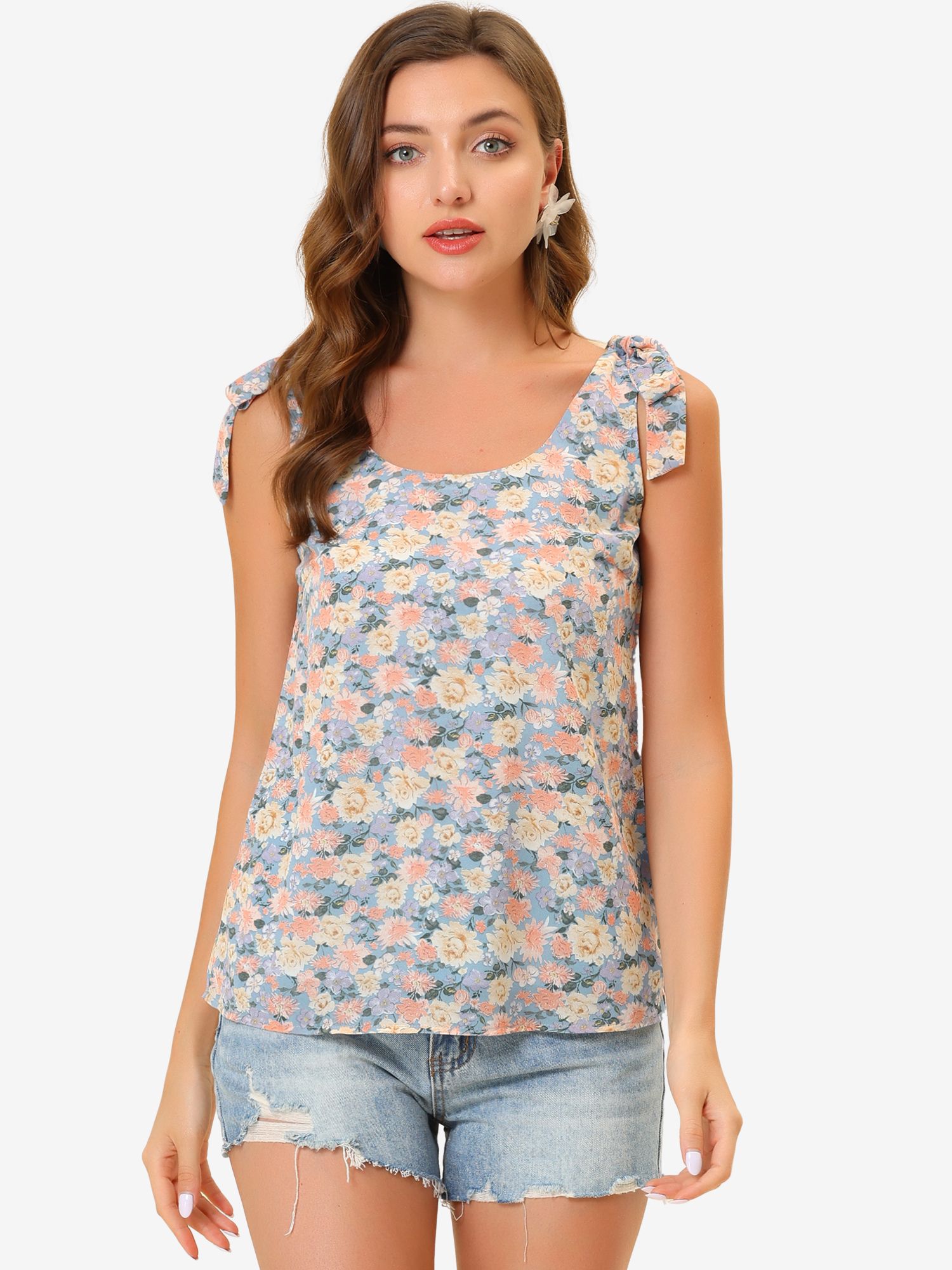 Boho Floral Print Casual Chiffon Tie Shoulders Tank Top Light Blue/L