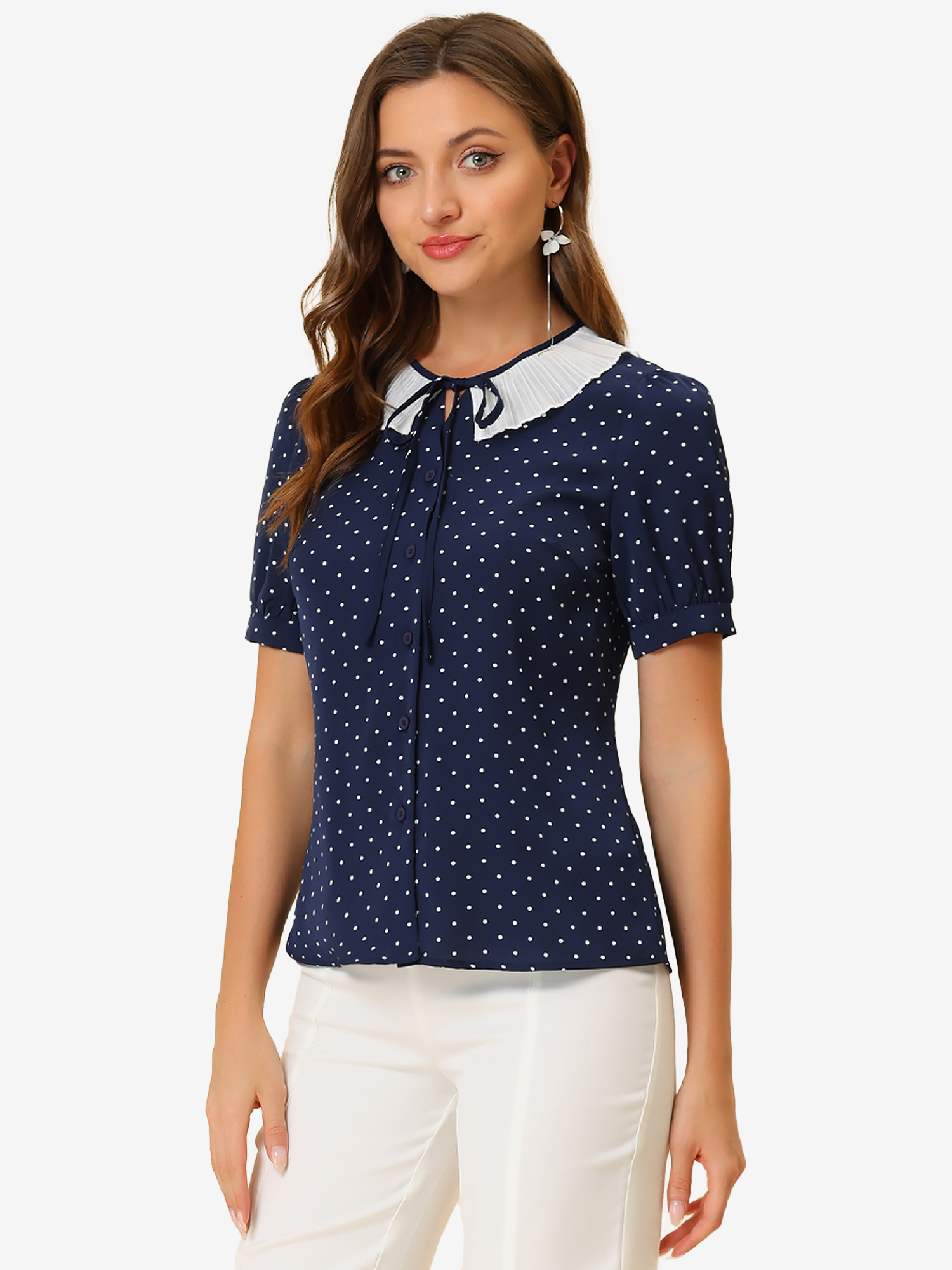 Polka Dots Button Up Tie Neck Peter Pan Collar Blouse Dark Blue/XS