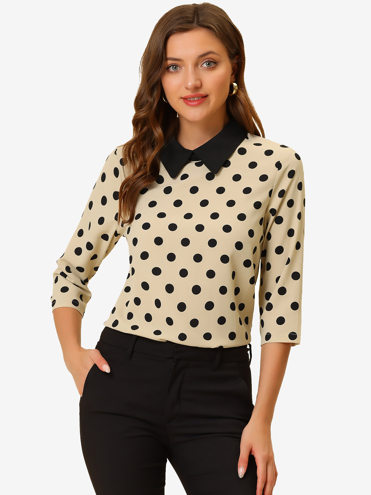 Polka Dots Contrast Peter Pan Collar Top 3/4 Sleeve Blouse Shirt Apricot/XS