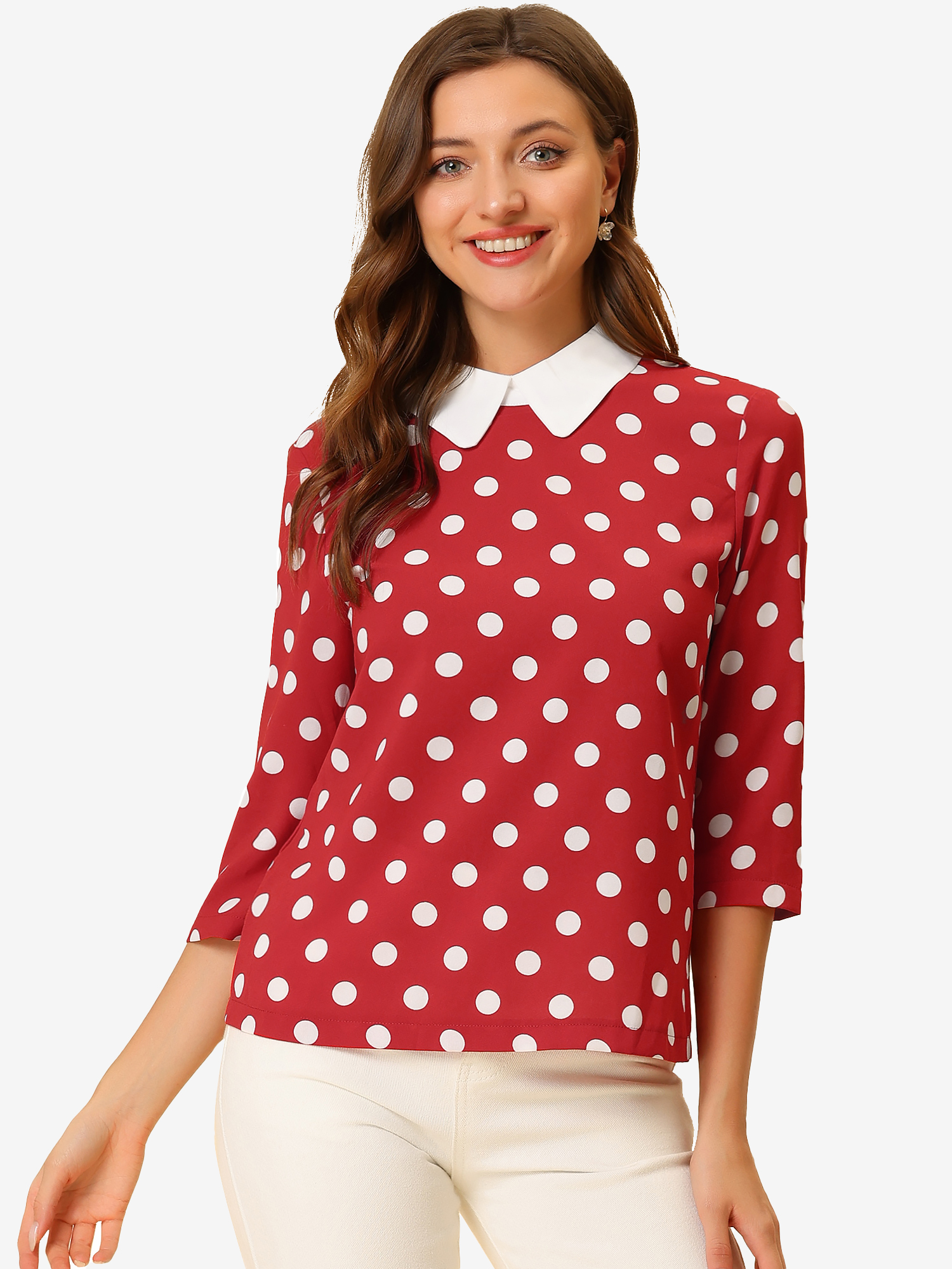 Polka Dots Contrast Peter Pan Collar Top 3/4 Sleeve Blouse Shirt Red White/XL