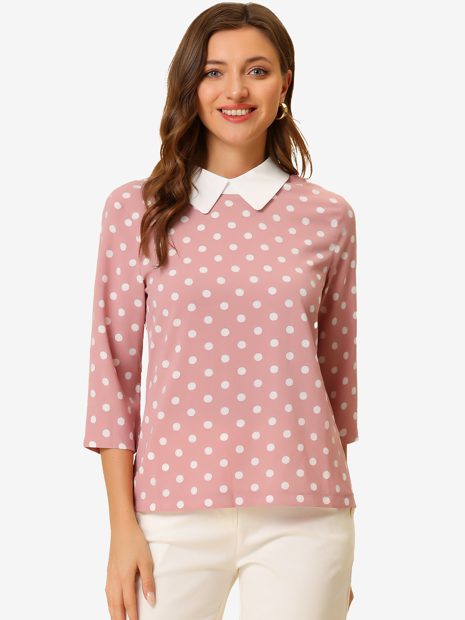 Polka Dots Contrast Peter Pan Collar Top 3/4 Sleeve Blouse Shirt Dark Pink/S