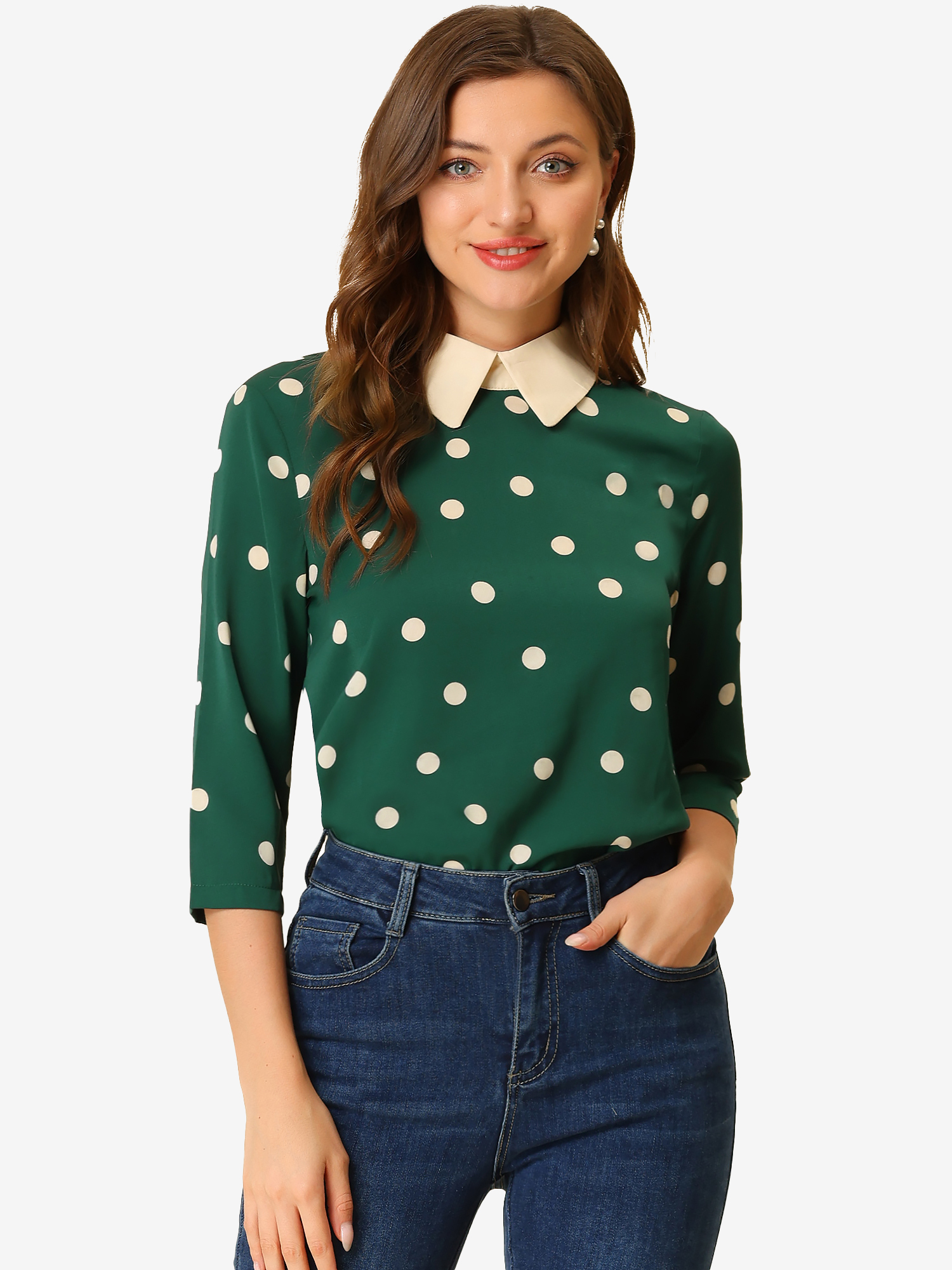 Polka Dots Contrast Peter Pan Collar Top 3/4 Sleeve Blouse Shirt Dark Green/L
