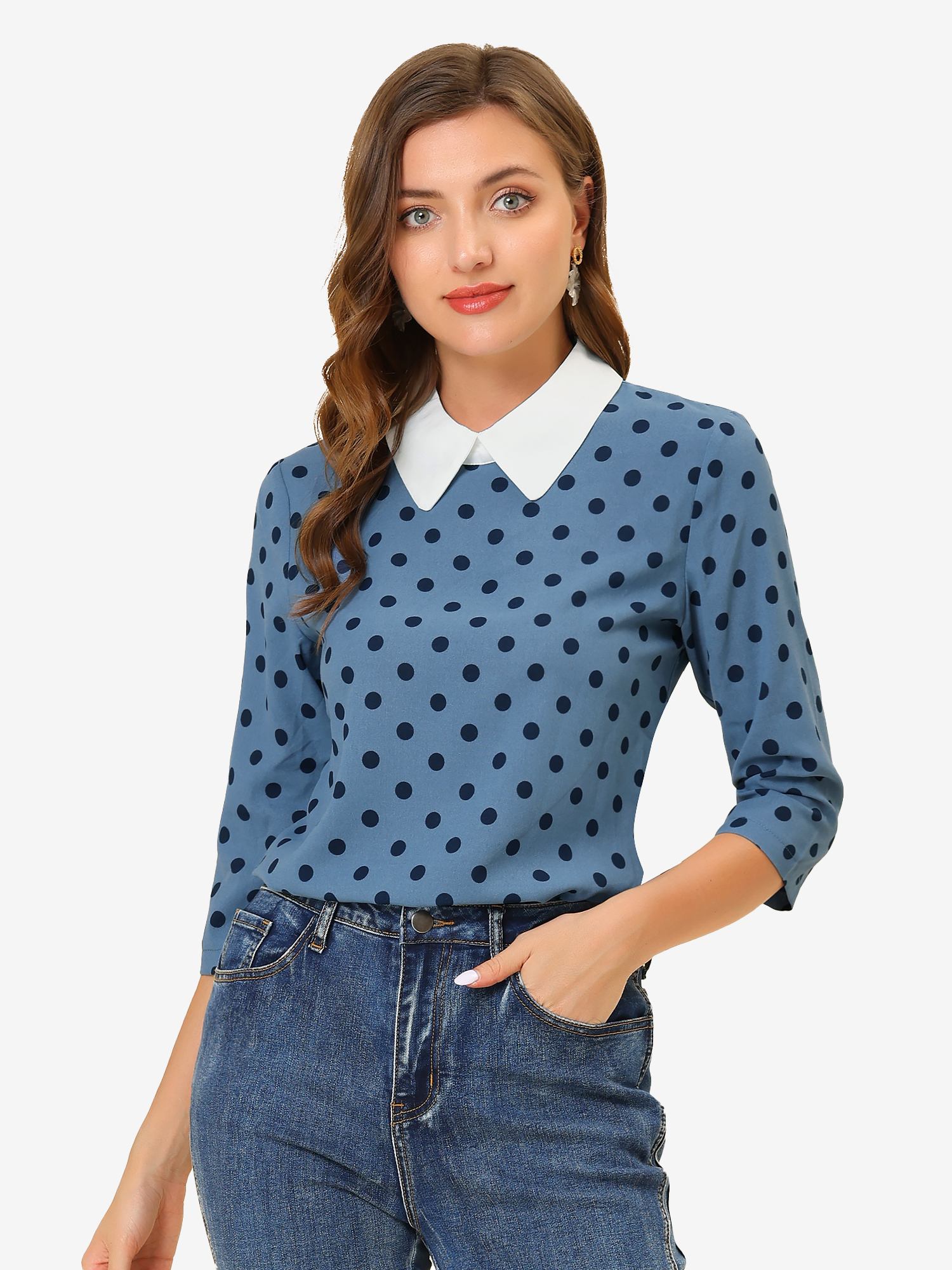 Polka Dots Contrast Peter Pan Collar Top 3/4 Sleeve Blouse Shirt Grey Blue/M