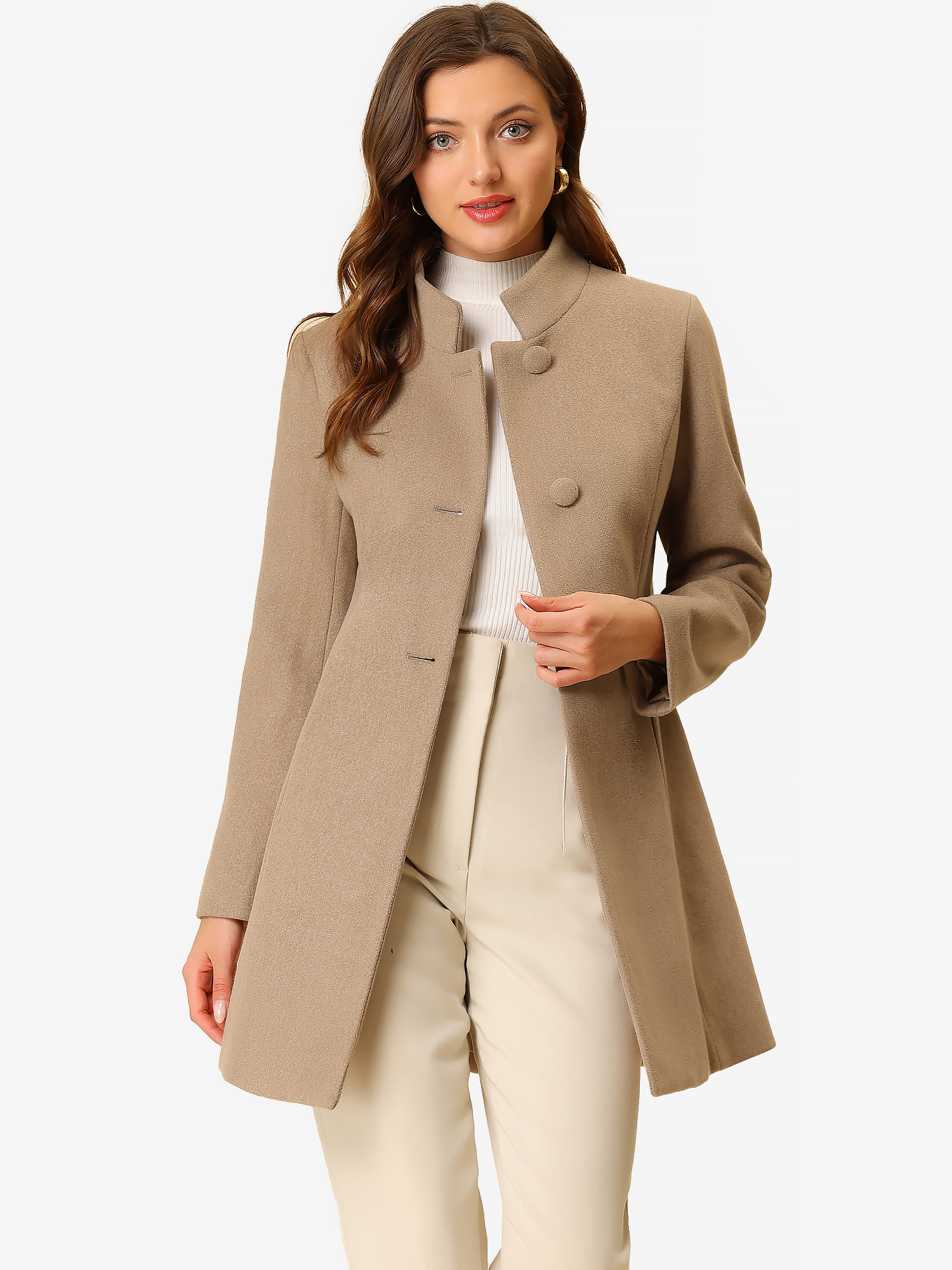 Stand Collar Single Breasted Solid Color Pea Coat Light Brown/M